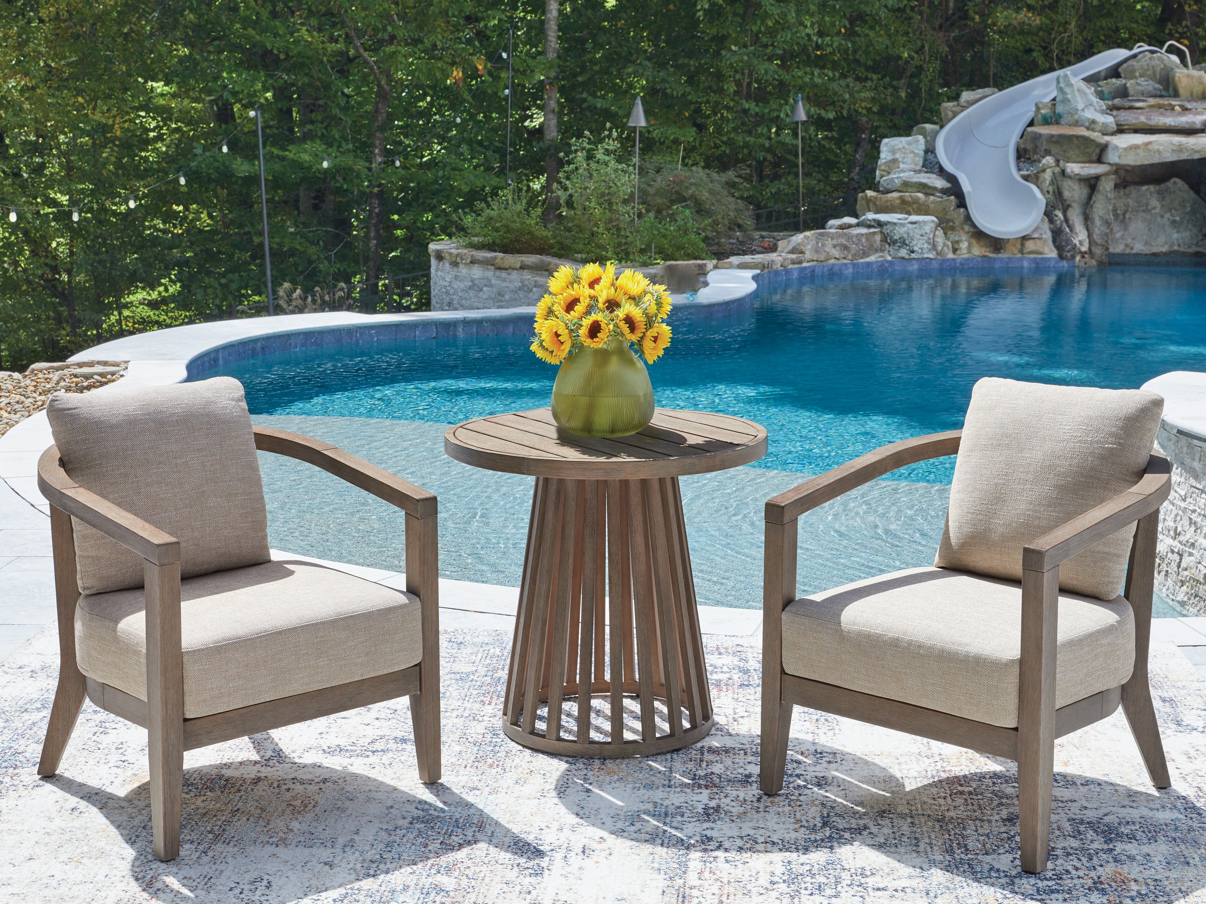 3 Brothers Decor - Ashley Furniture - Joy Lagoon Outdoor - Chairs w/CUSH/Table Set (3/CN) - PCP310-050