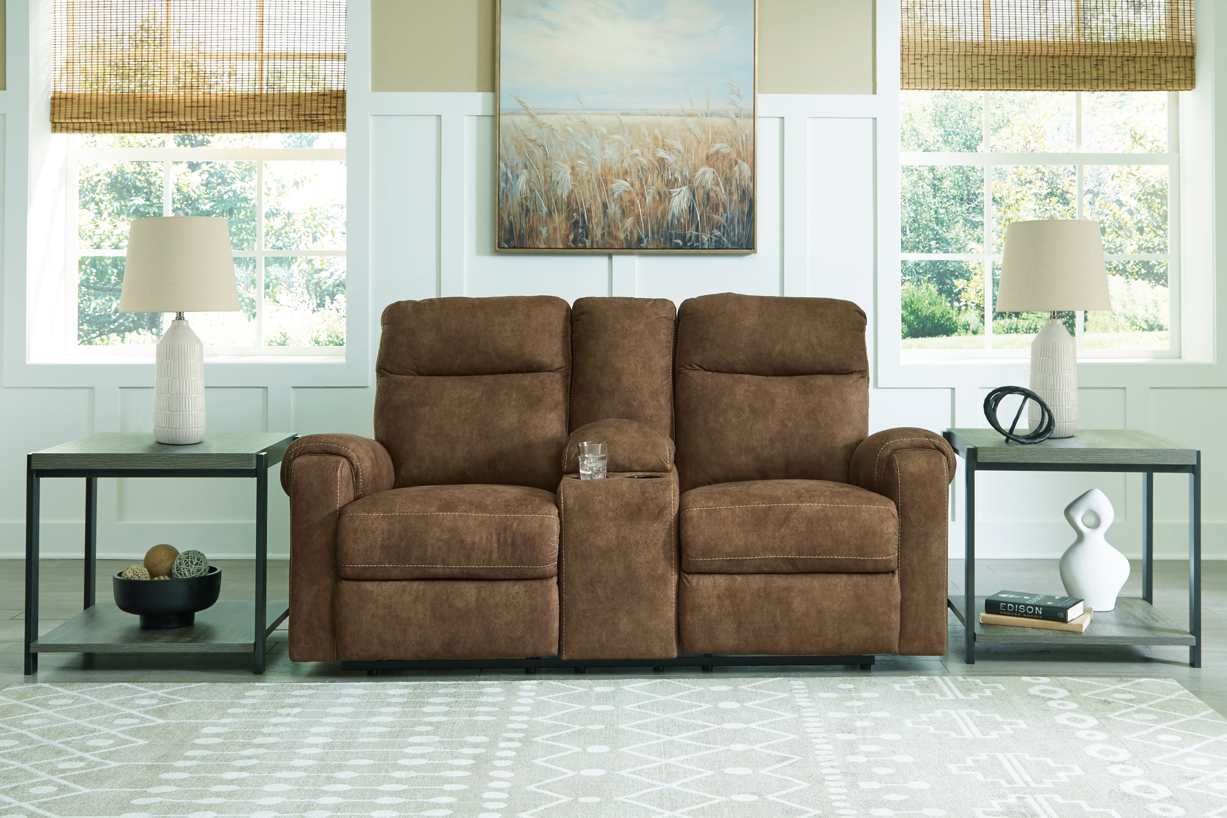3 Brothers Decor - Ashley Furniture - Edenwold Living Room - DBL Rec Loveseat w/Console / Brindle - 1380594