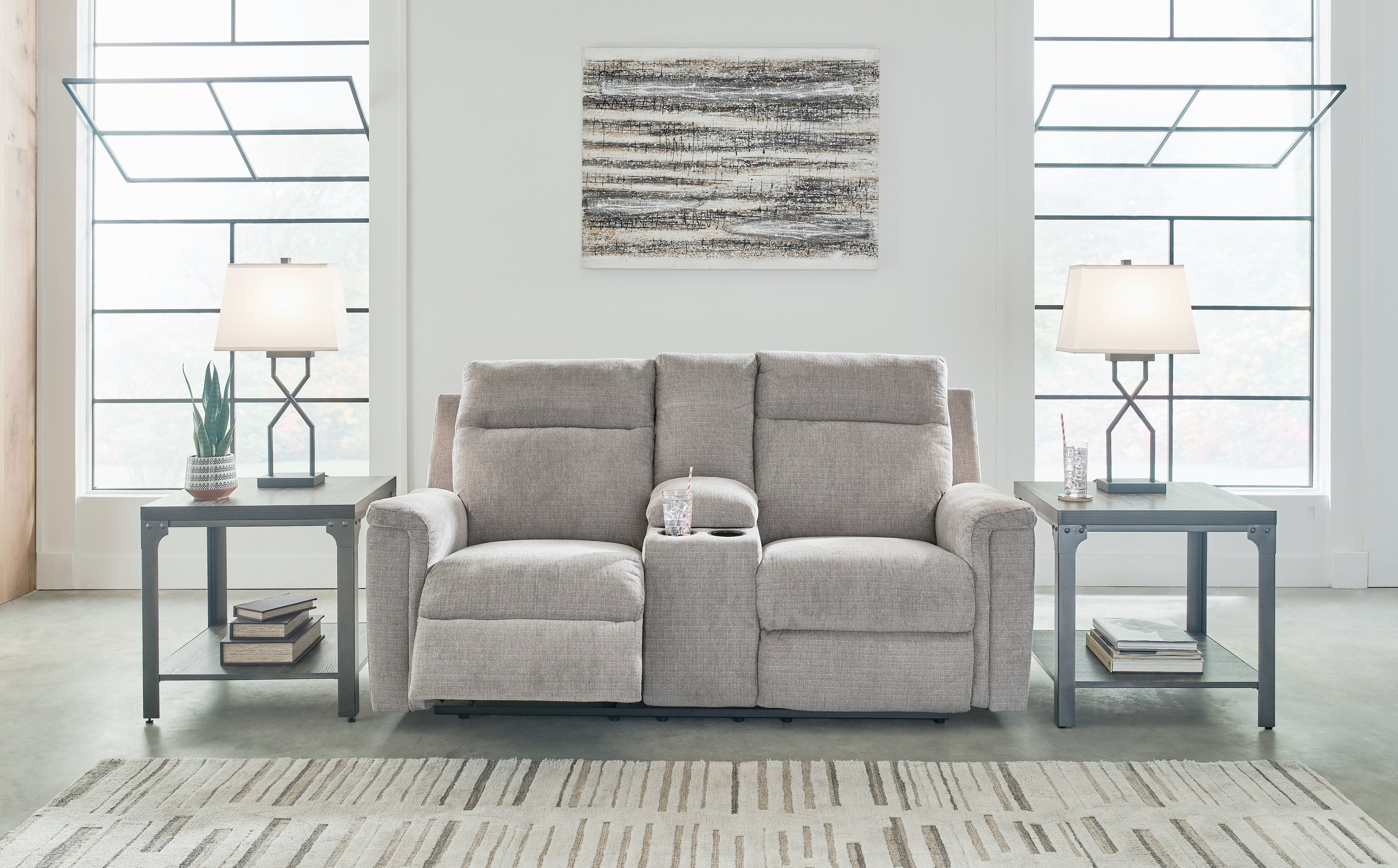 3 Brothers Decor - Ashley Furniture - Barnsana Living Room - DBL REC PWR Loveseat w/Console / Ash - 3320196