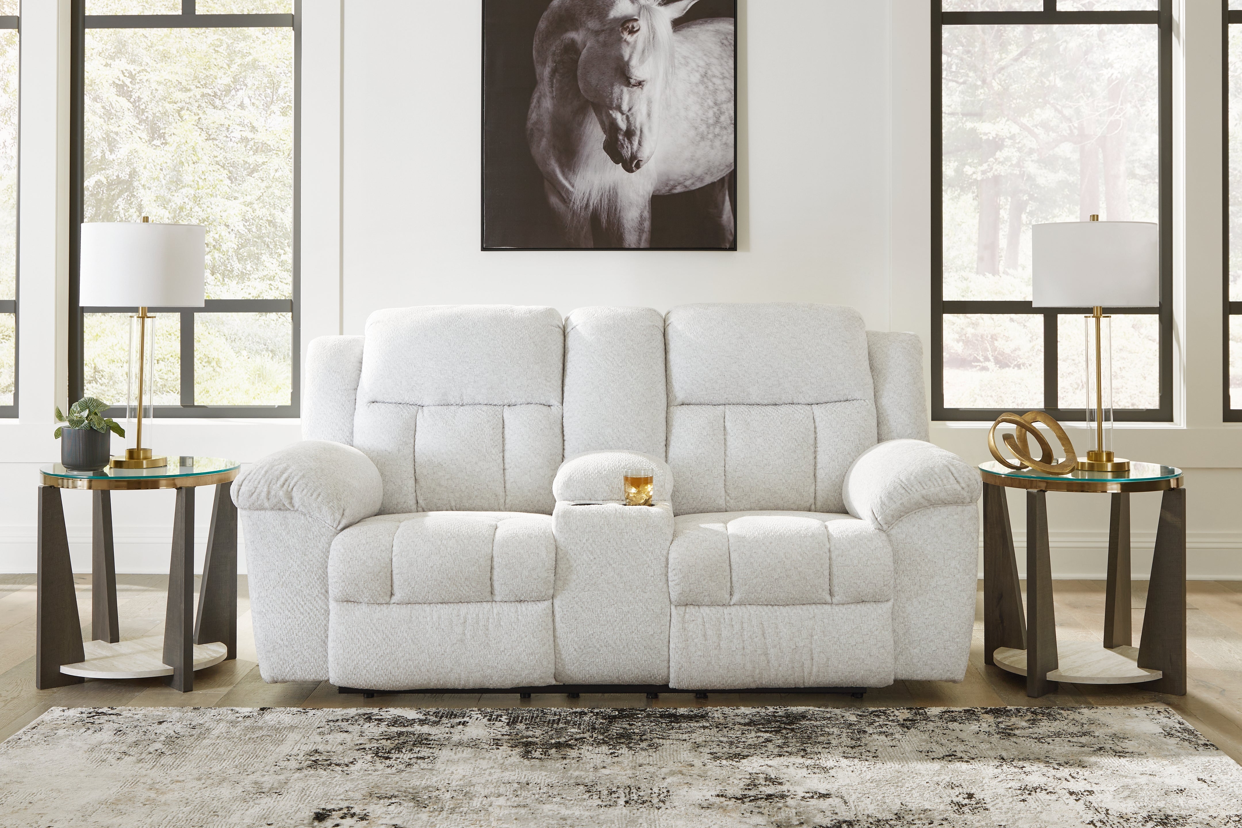 3 Brothers Decor - Ashley Furniture - Frohn Living Room - DBL Rec Loveseat w/Console / Snow - 3740594