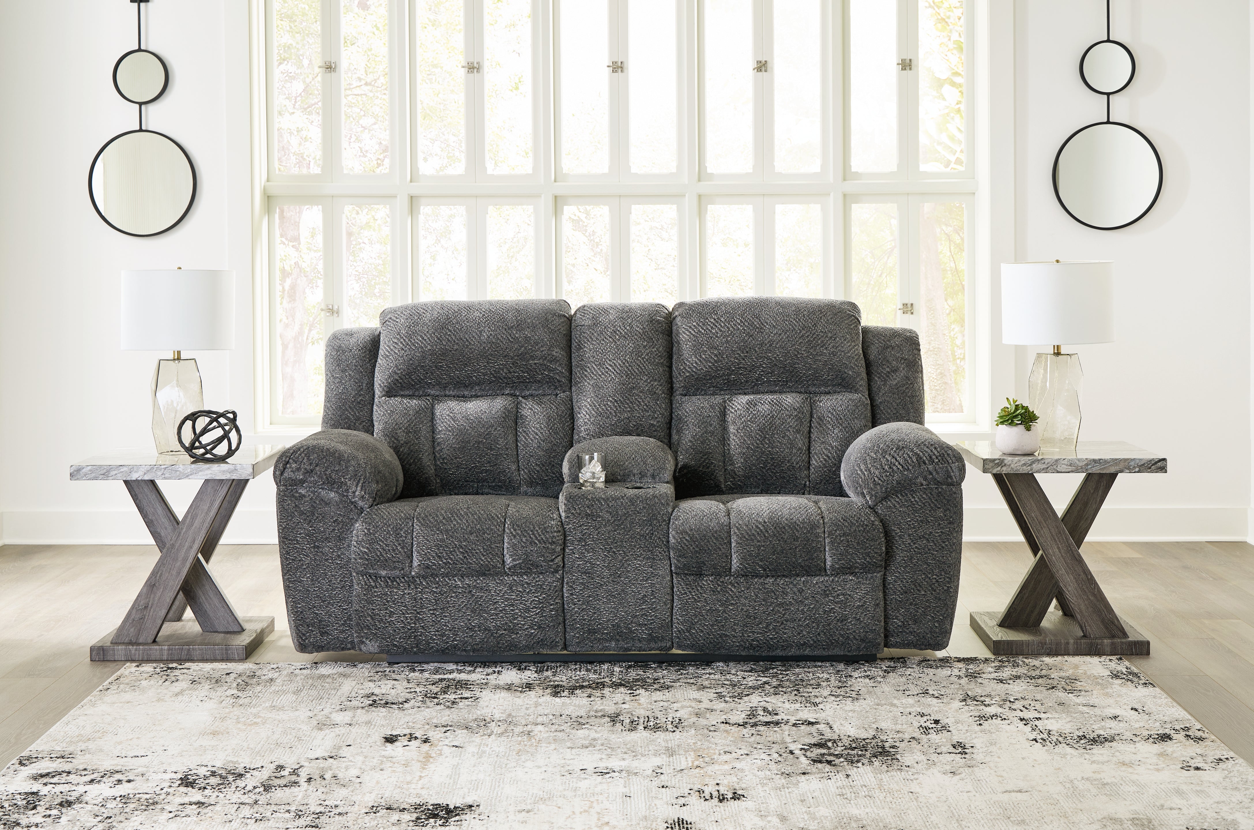 3 Brothers Decor - Ashley Furniture - Frohn Living Room - DBL Rec Loveseat w/Console / Graphite - 3740694