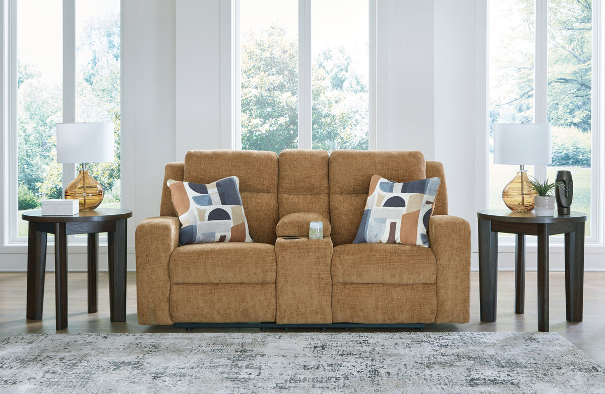 3 Brothers Decor - Ashley Furniture - Kanlow Living Room - DBL Rec Loveseat w/Console / Honey - 3860594