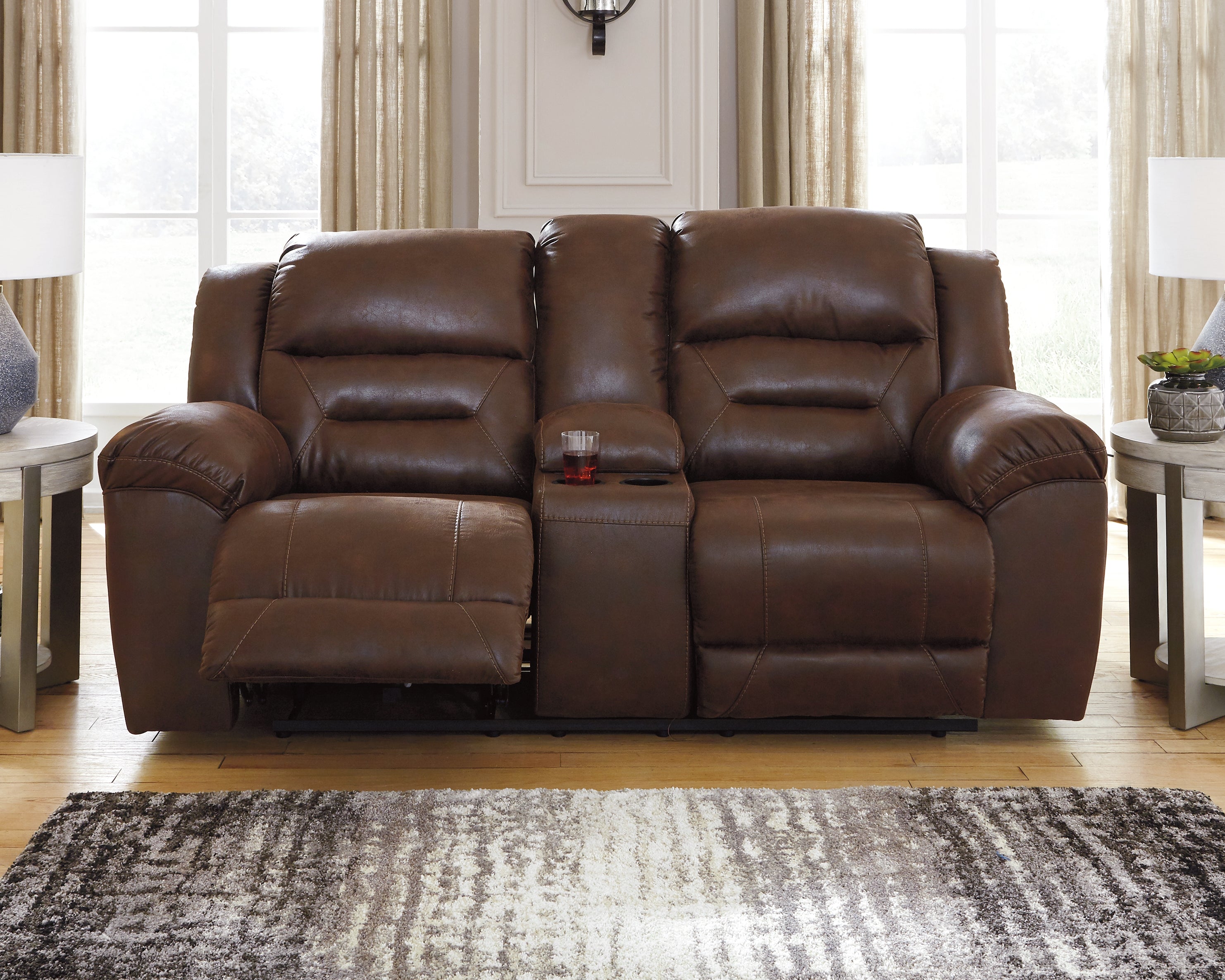 3 Brothers Decor - Ashley Furniture - Stoneland Living Room - DBL Rec Loveseat w/Console / Chocolate - 3990494