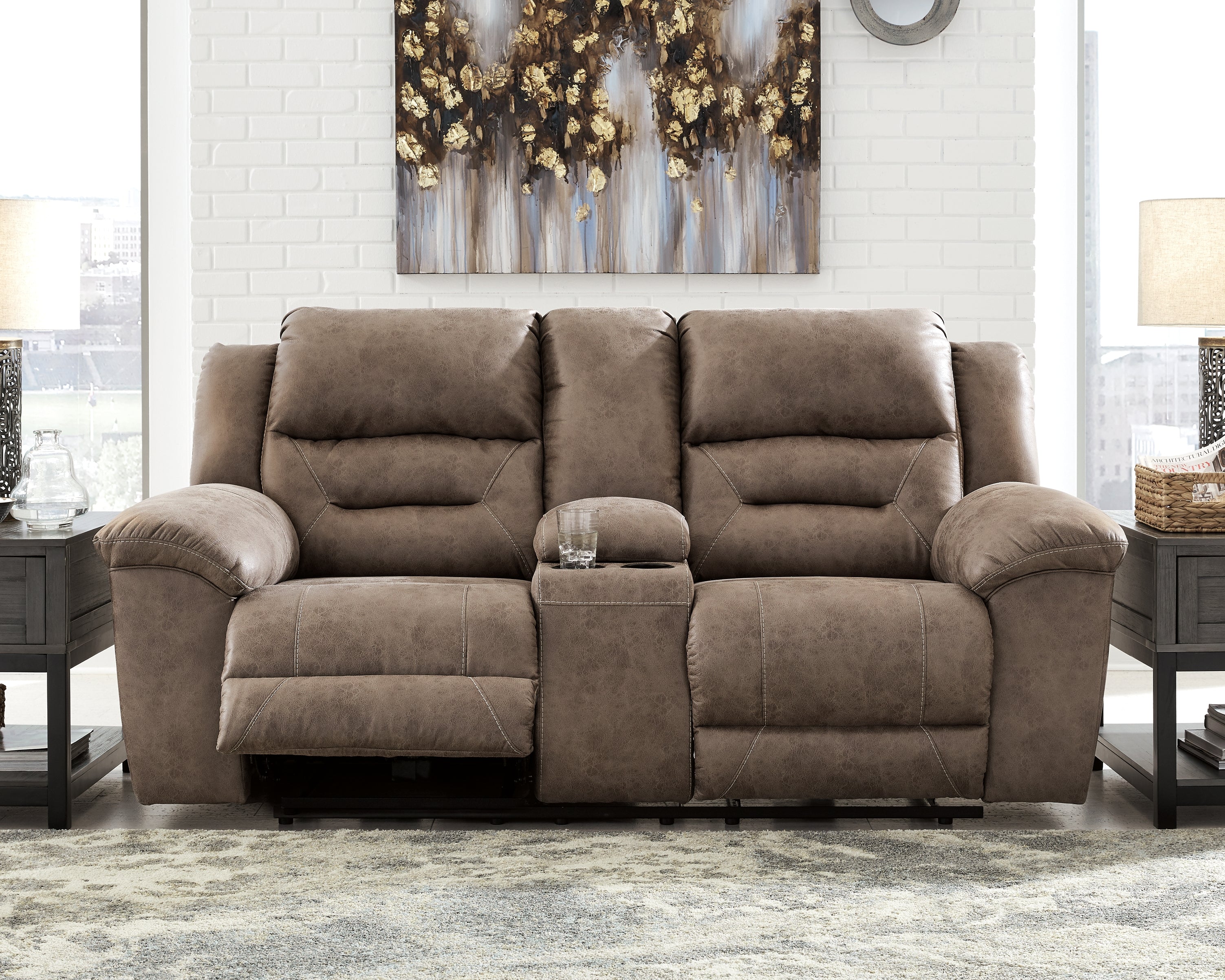 3 Brothers Decor - Ashley Furniture - Stoneland Living Room - DBL REC PWR Loveseat w/Console / Fossil - 3990596