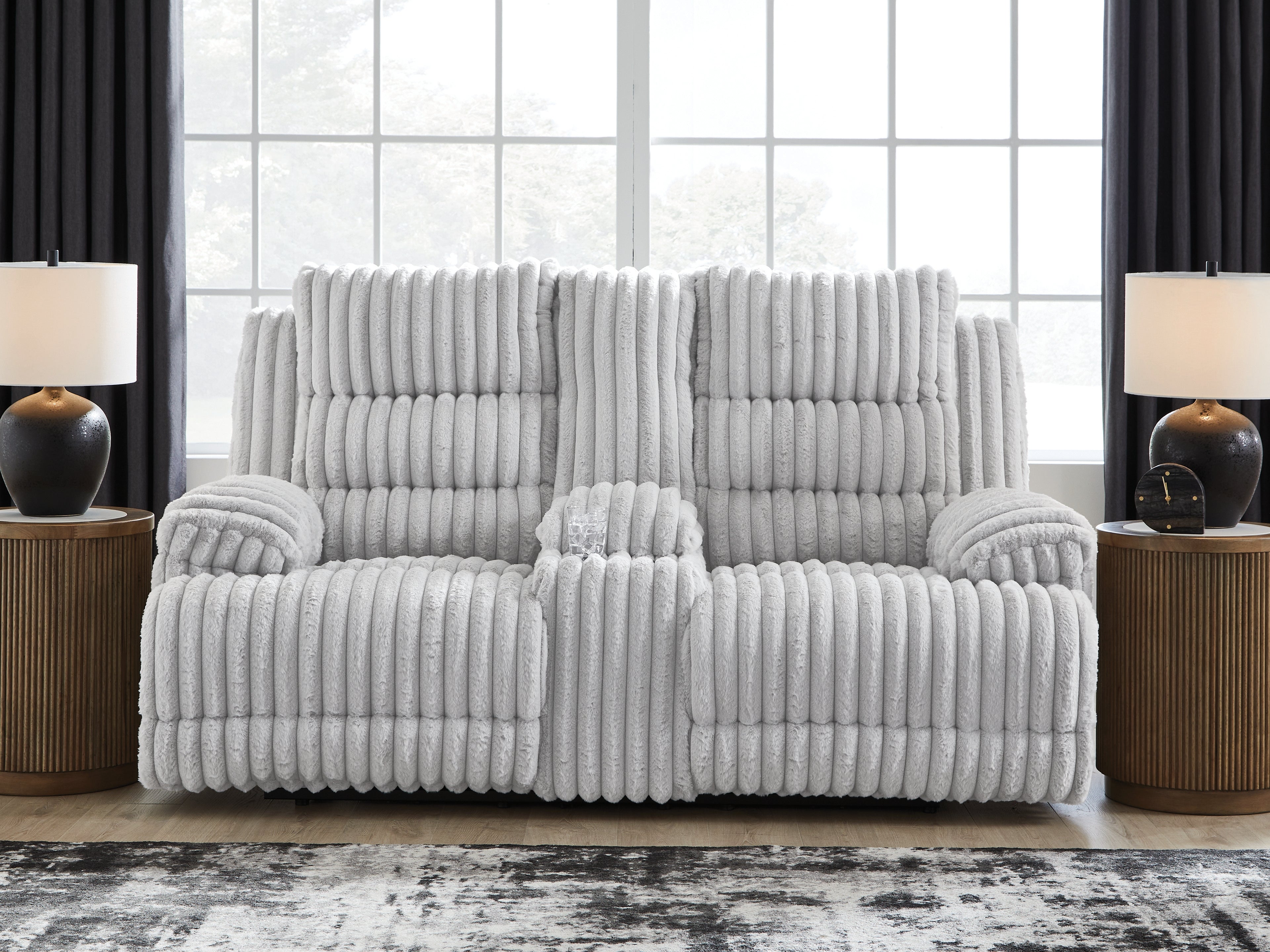 3 Brothers Decor - Ashley Furniture - Rhines Falls Living Room - DBL REC PWR Loveseat w/Console / Alloy - PC4280496