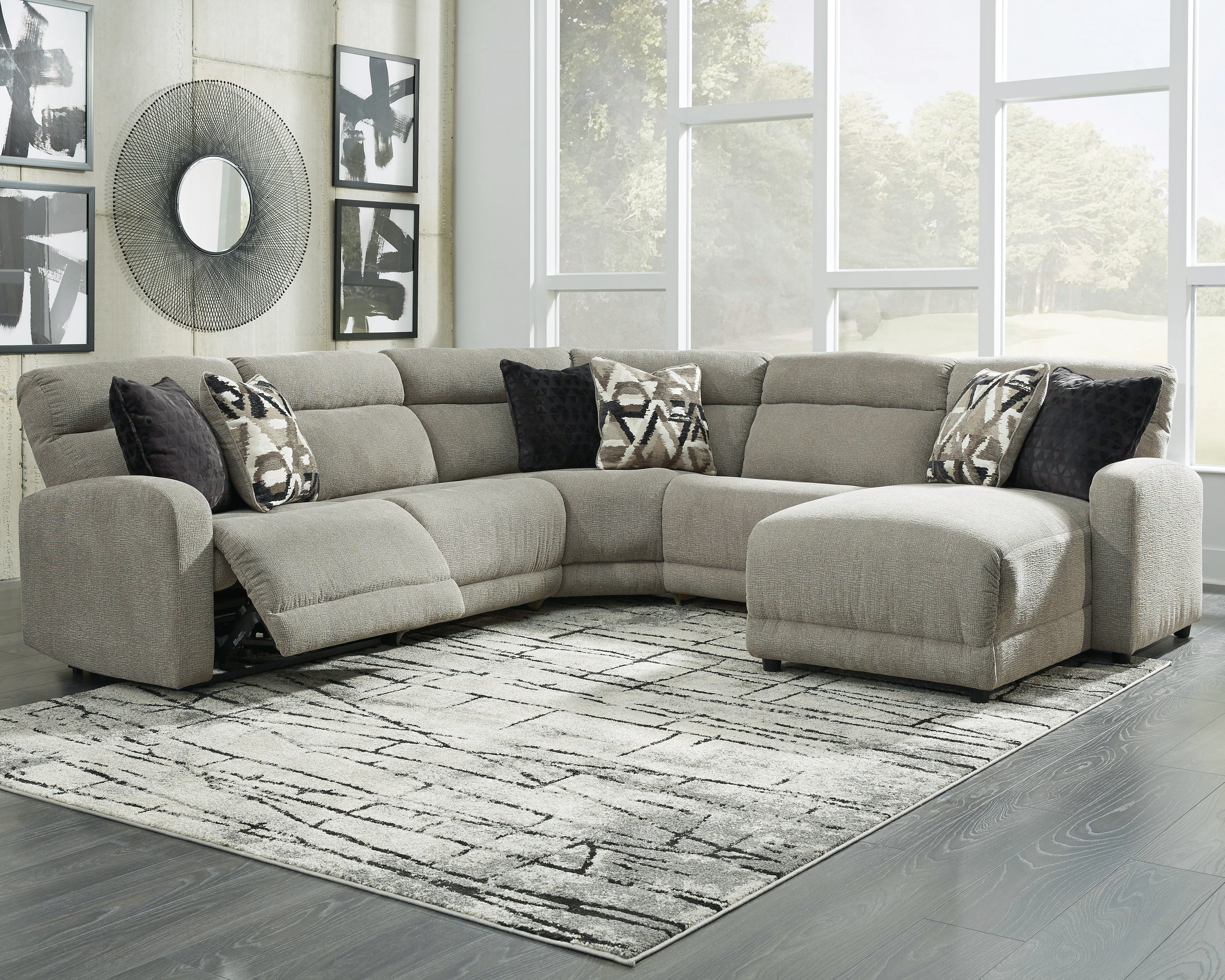 3 Brothers Decor - Ashley Furniture - Colleyville Sectional - 5-Piece Power Reclining Sectional with Chaise / Stone - 54405S14