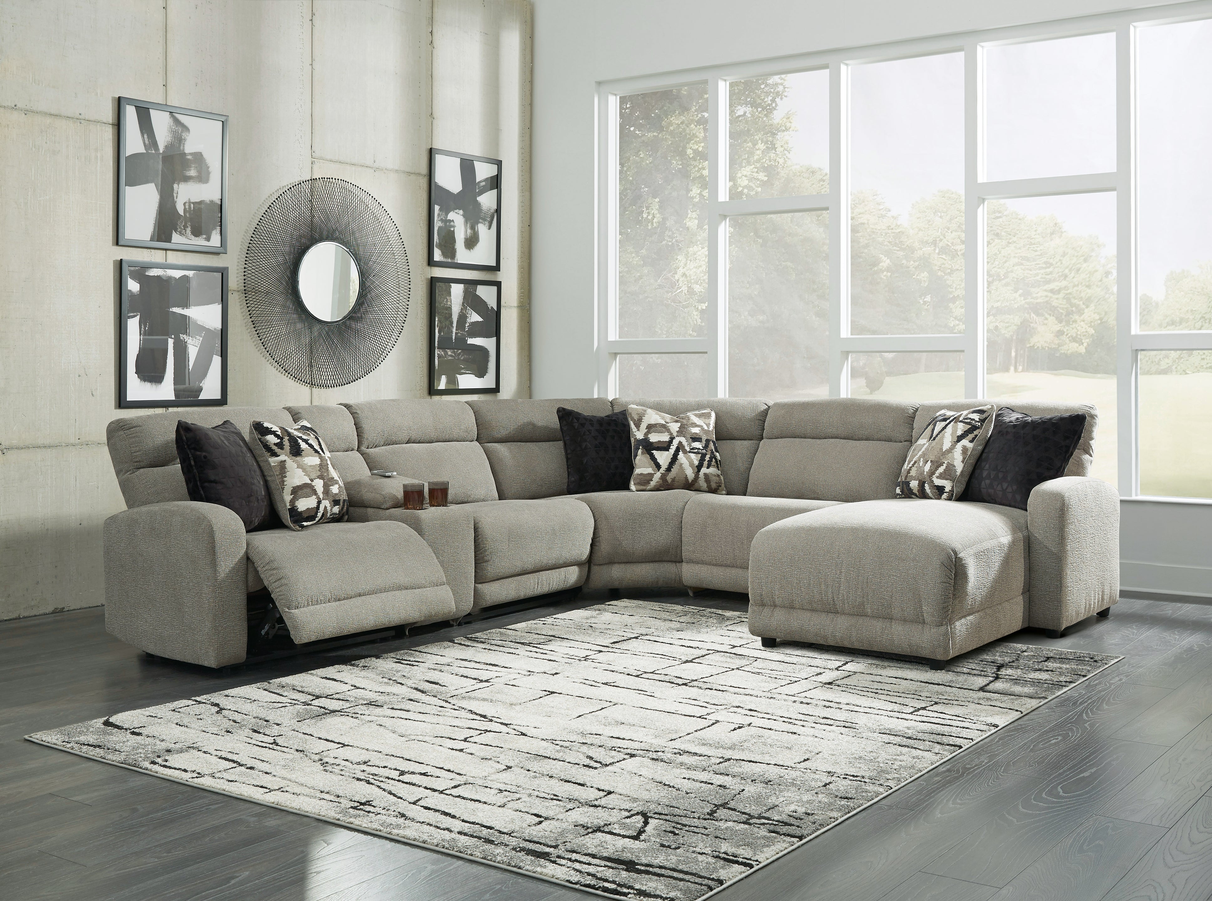 3 Brothers Decor - Ashley Furniture - Colleyville Sectional - 6-Piece Power Reclining Sectional with Chaise / Stone - 54405S12
