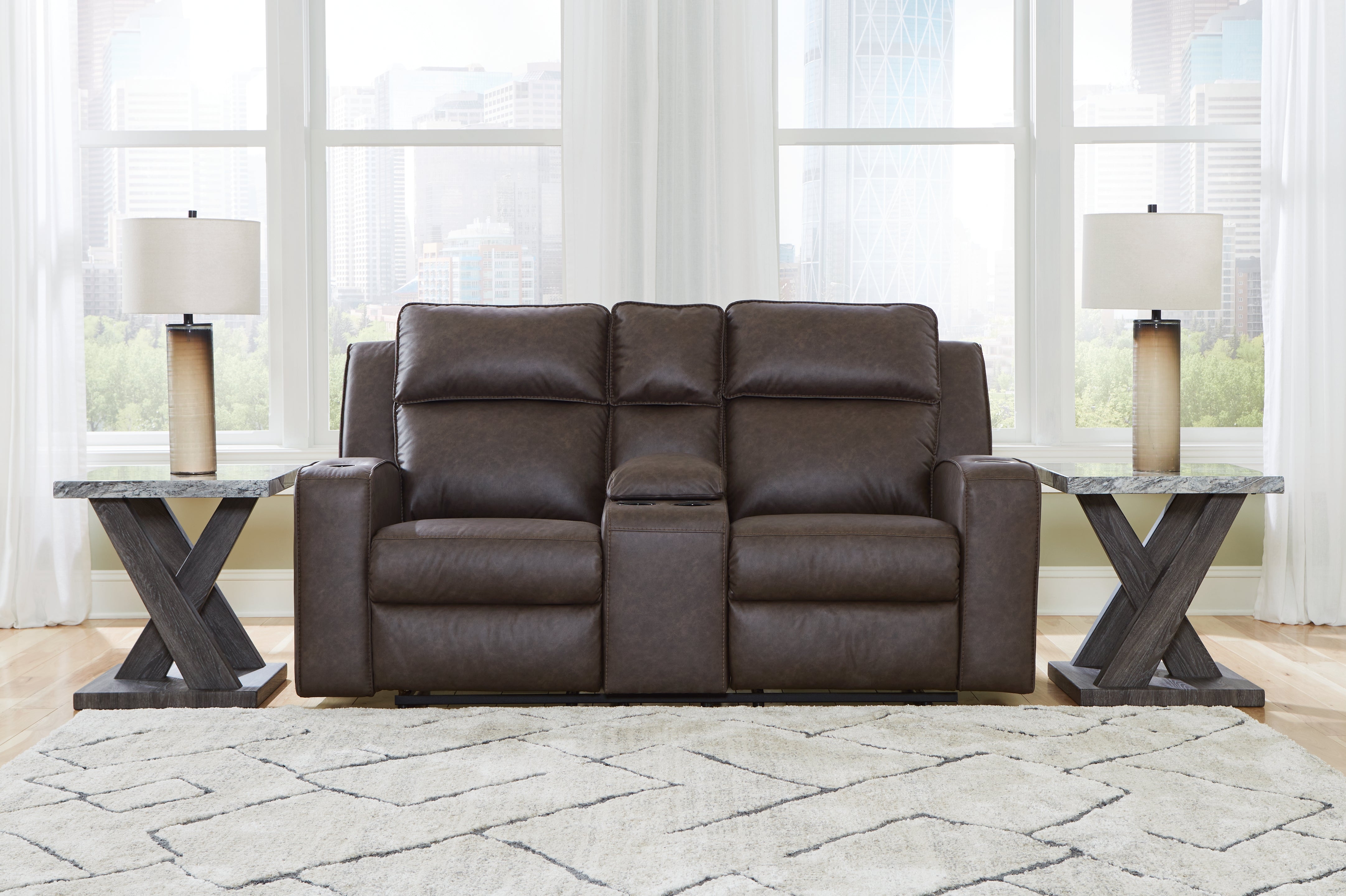 3 Brothers Decor - Ashley Furniture - Lavenhorne Living Room - DBL Rec Loveseat w/Console / Umber - 6330694