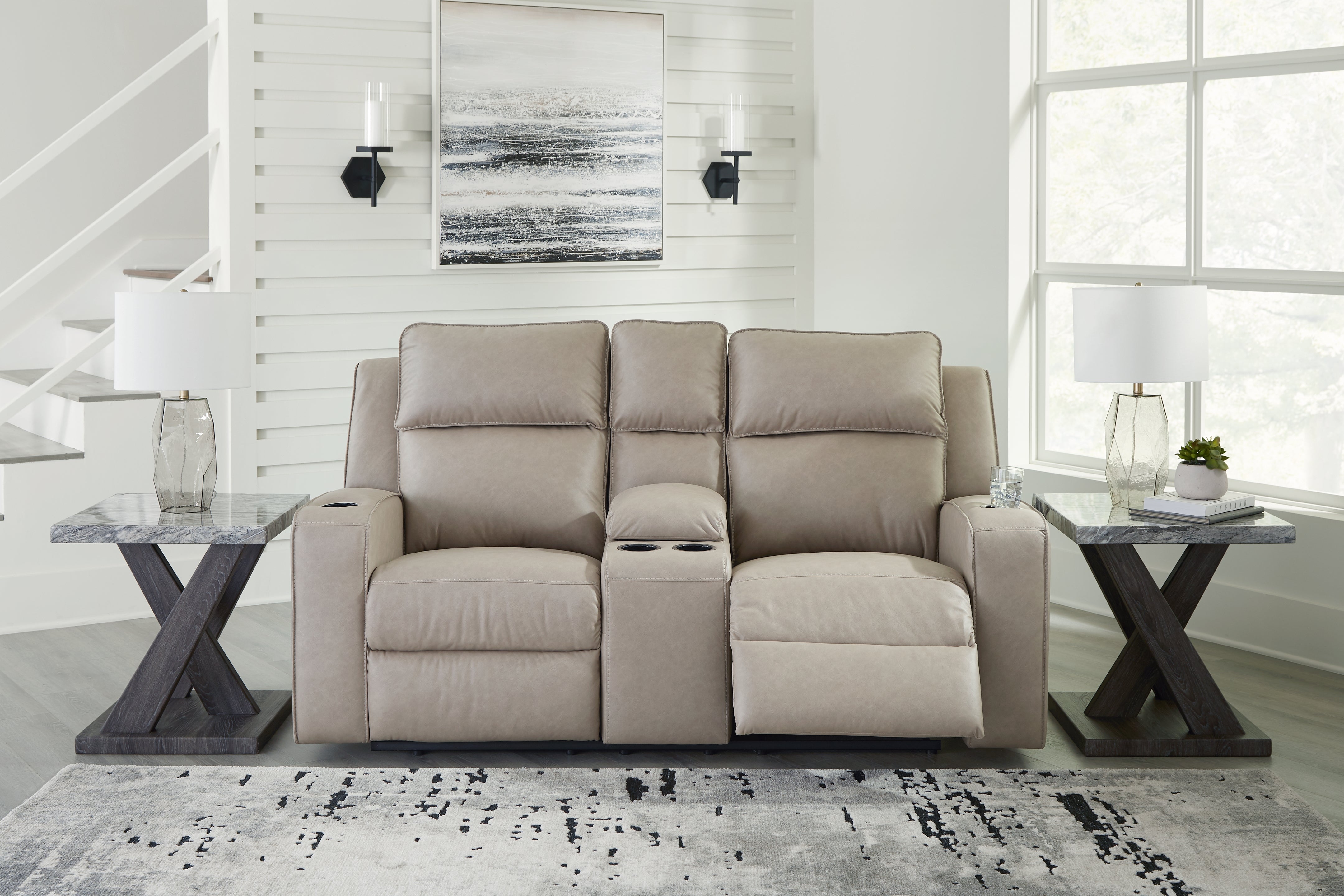 3 Brothers Decor - Ashley Furniture - Lavenhorne Living Room - DBL Rec Loveseat w/Console / Pebble - 6330794