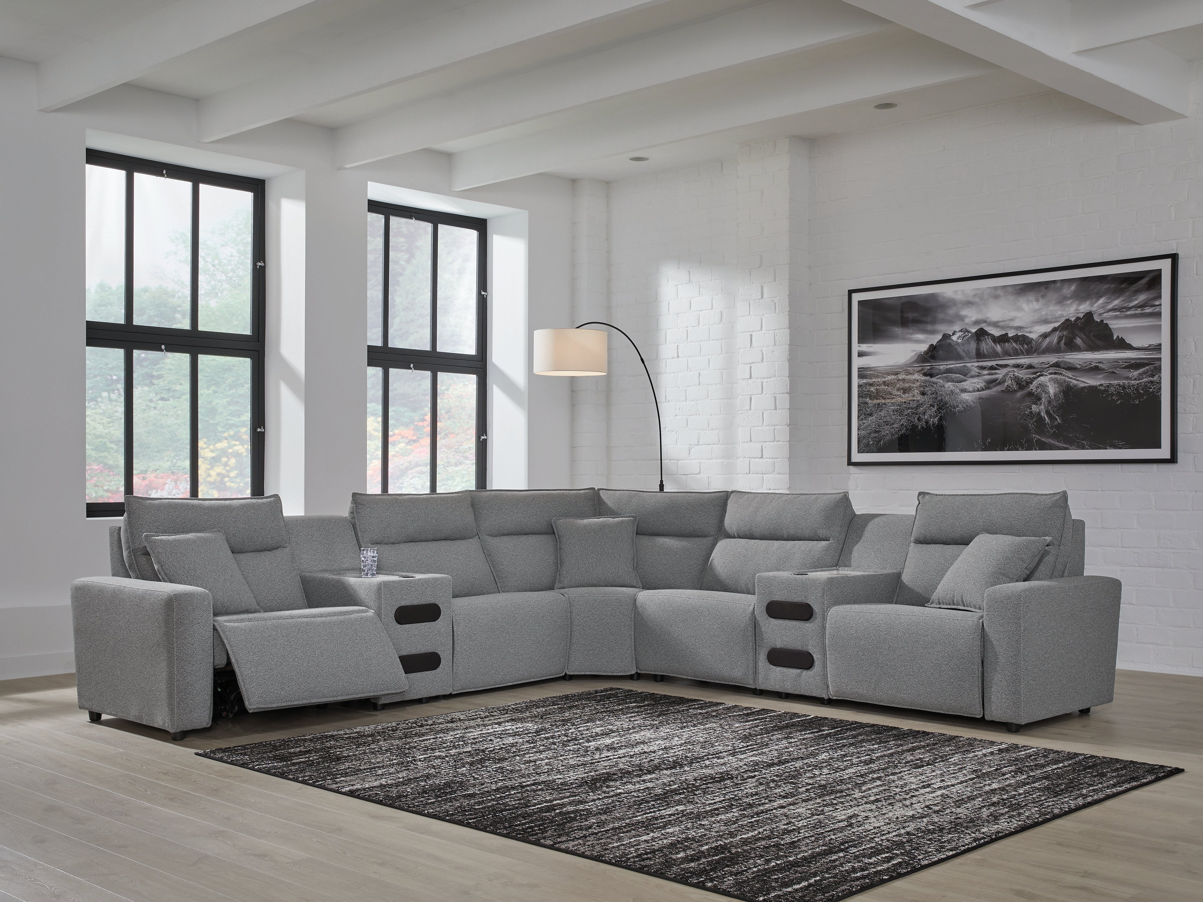 3 Brothers Decor - Ashley Furniture - ModMax II Sectional - 7-Piece Power Reclining Sectional with Audio Consoles / Salt and Pepper - 65906S9