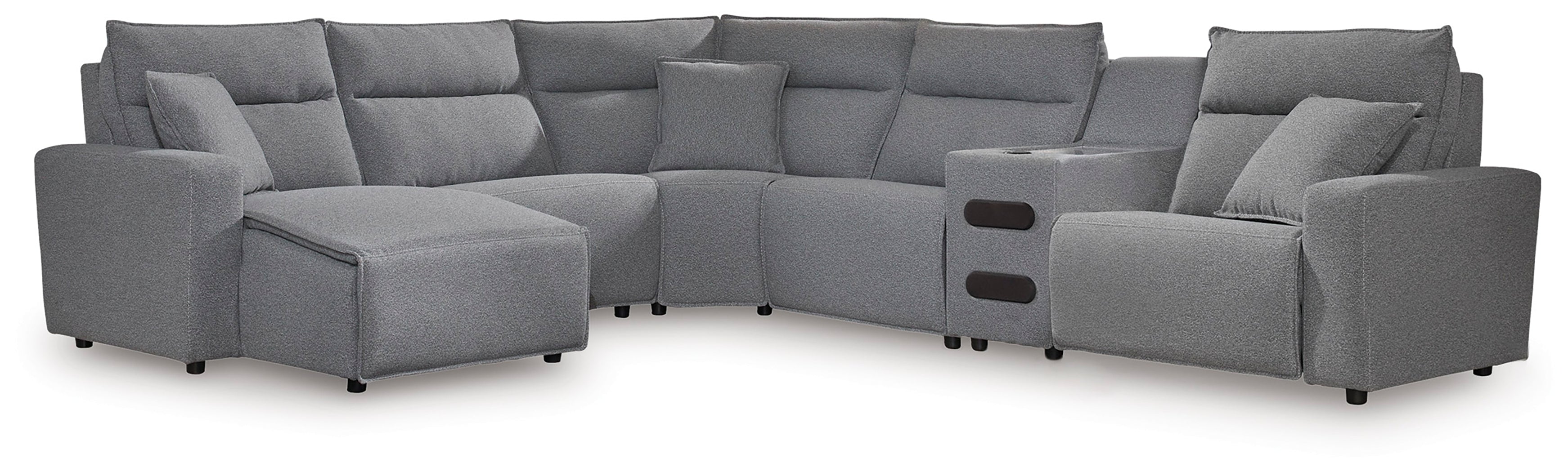 3 Brothers Decor - Ashley Furniture - ModMax II Sectional - 6-Piece Reclining Sectional with Chaise and Audio Console / Salt and Pepper - 65906S29