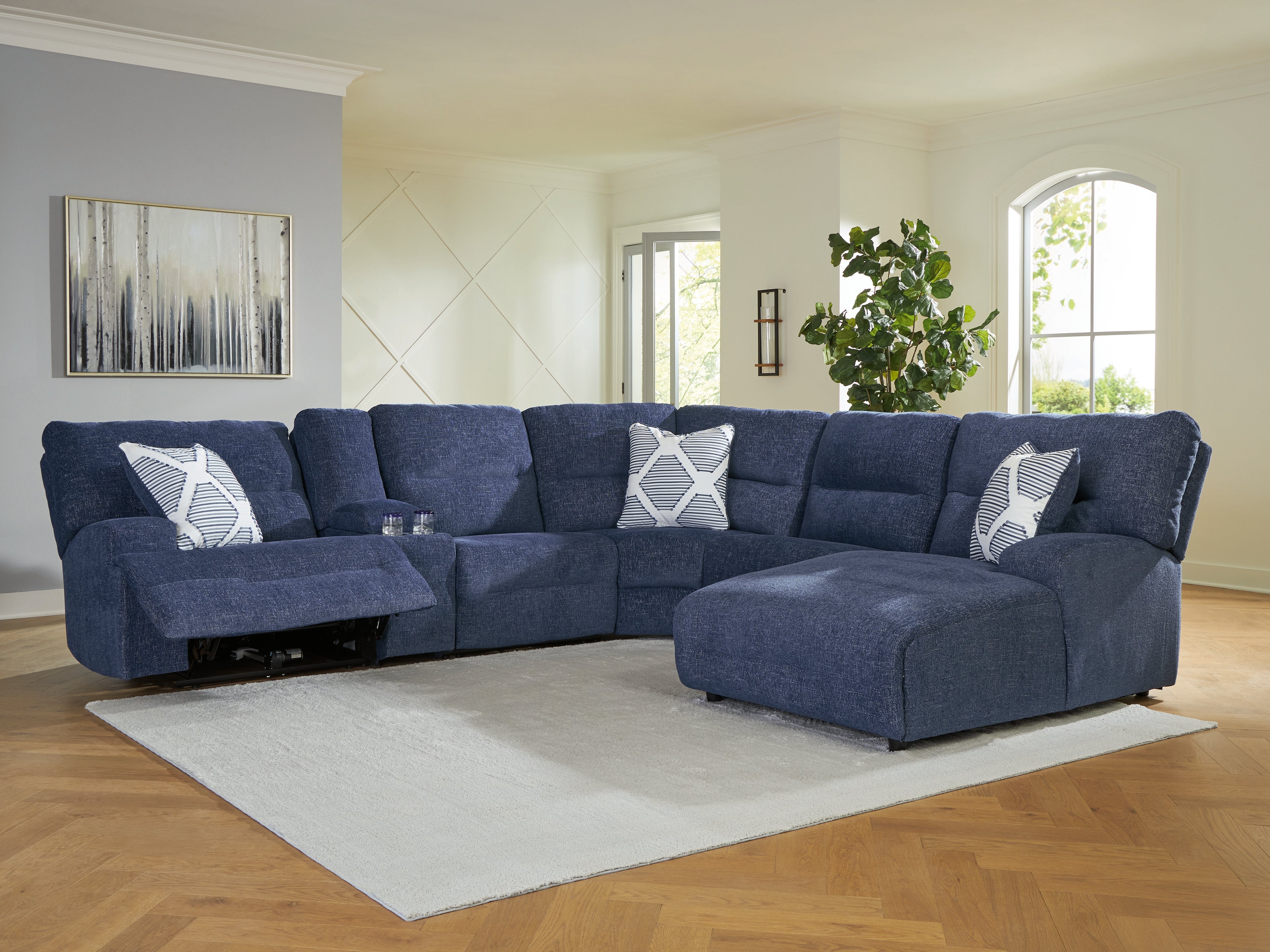 3 Brothers Decor - Ashley Furniture - Acklen Place Sectional - 6-Piece Power Reclining Sectional with Chaise / Navy - 93607S1