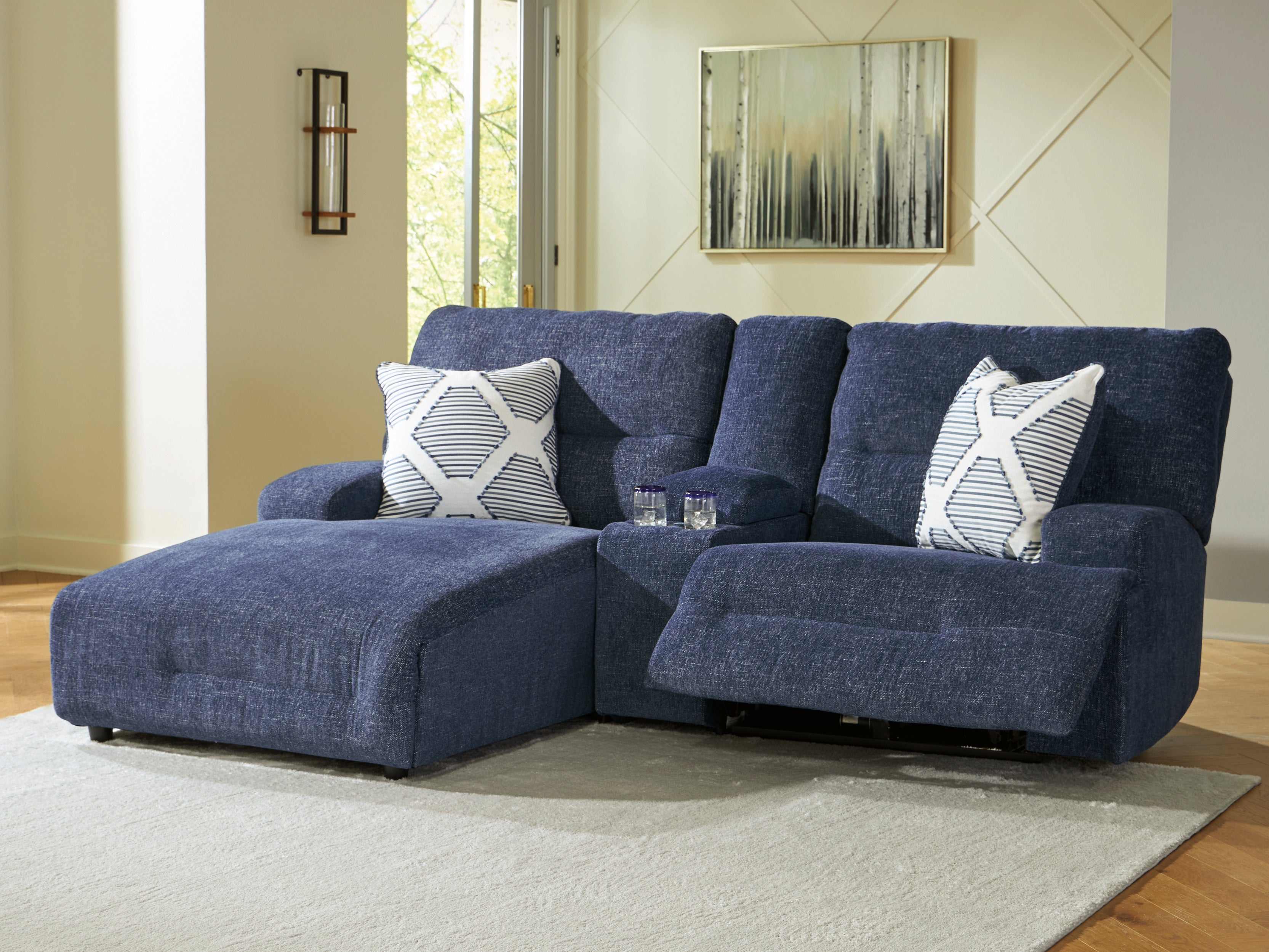 3 Brothers Decor - Ashley Furniture - Acklen Place Sectional - 3-Piece Power Reclining Sectional Sofa with Chaise / Navy - 93607S5