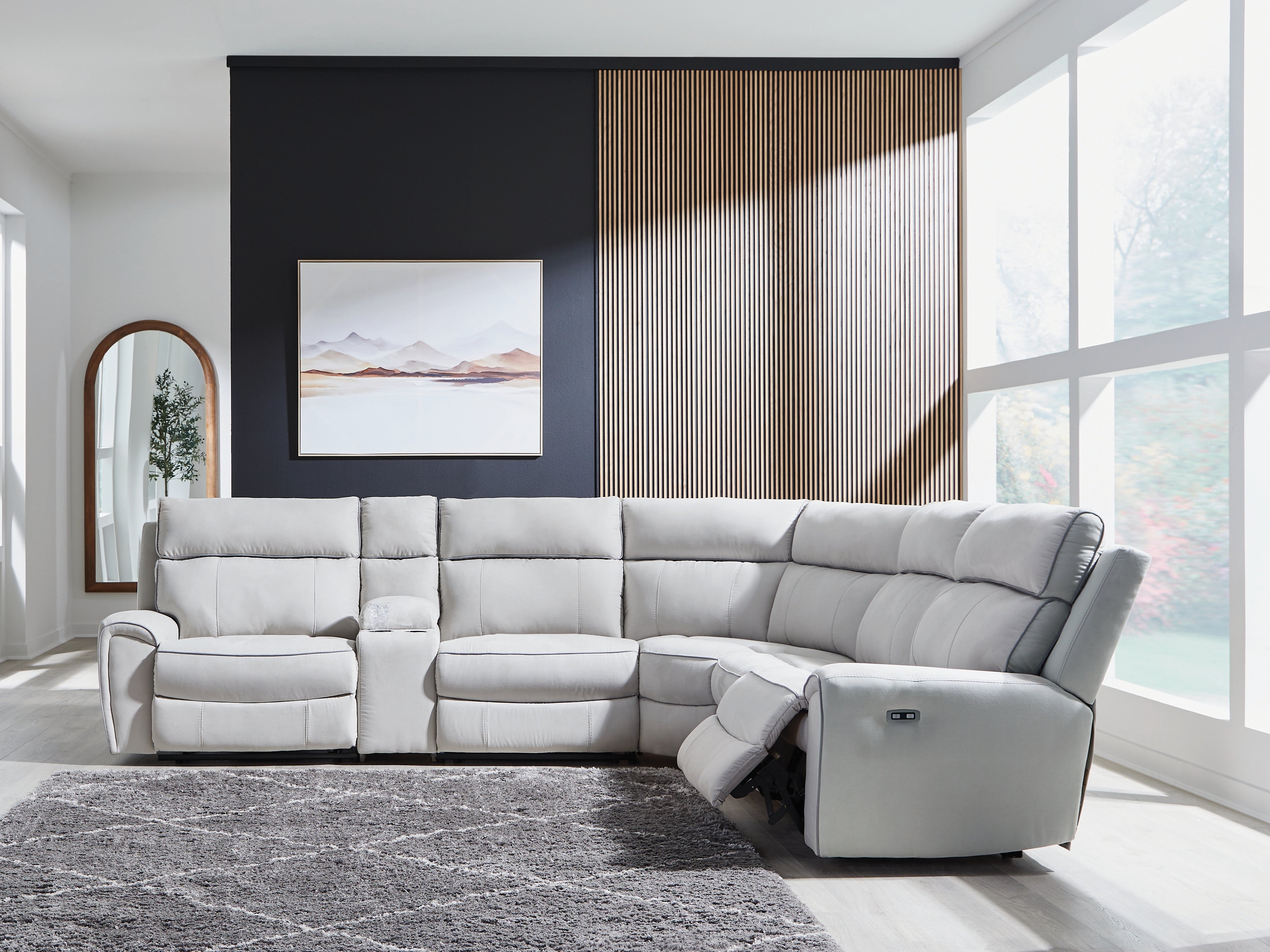 3 Brothers Decor - Ashley Furniture - Social Pointe Sectional - 6-Piece Reclining Sectional with Storage Console / Pearl/Ash - PC98802S36