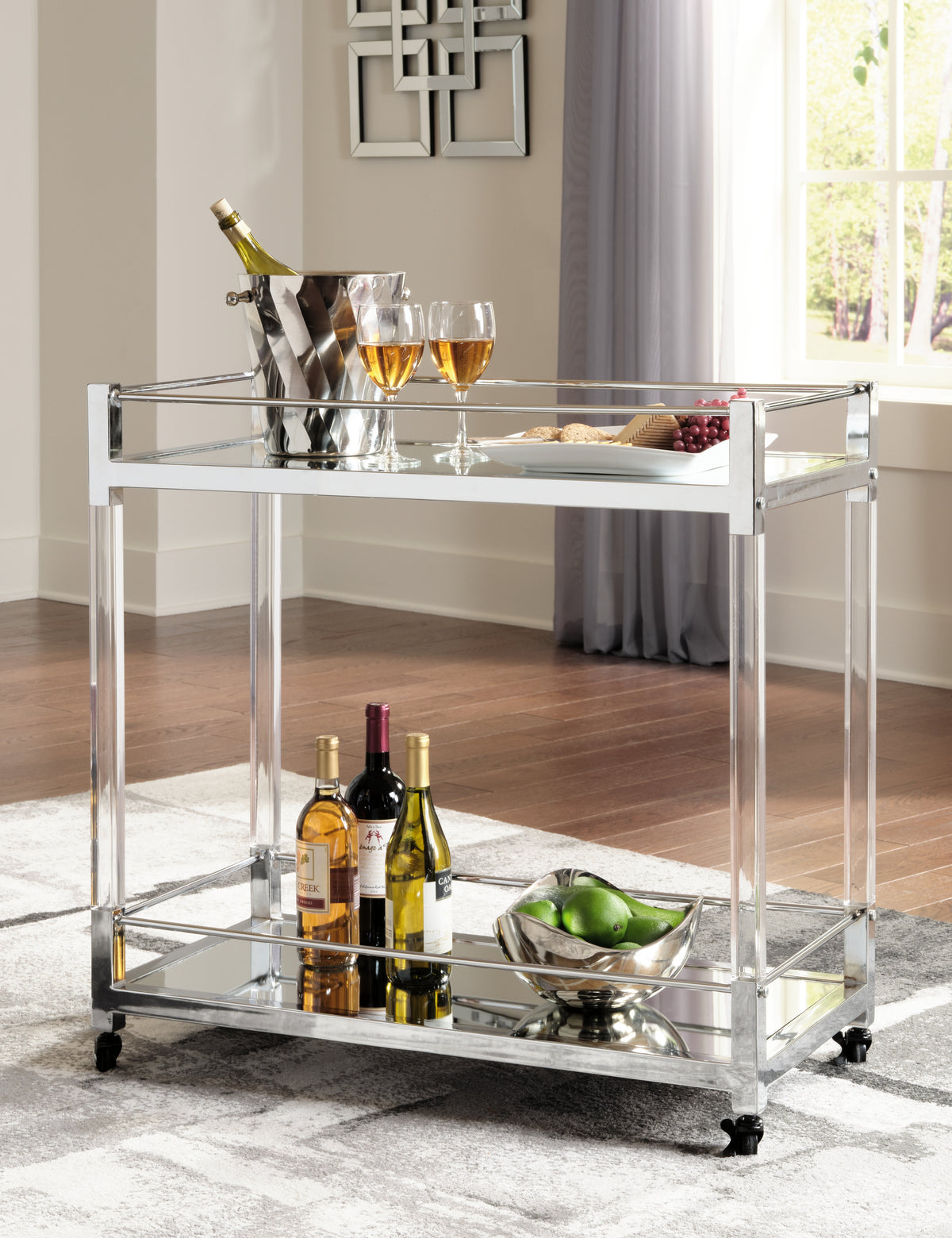 3 Brothers Decor - Ashley Furniture - Chaseton Bar Cart - Bar Cart / Clear/Silver Finish - A4000501