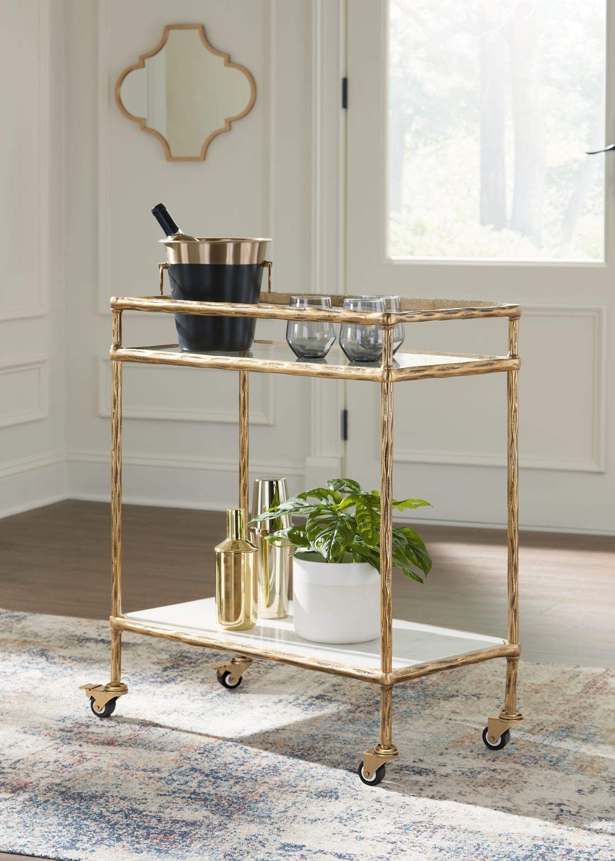 3 Brothers Decor - Ashley Furniture - Plattfield Bar Cart - Bar Cart / Antique Gold Finish - A4000625