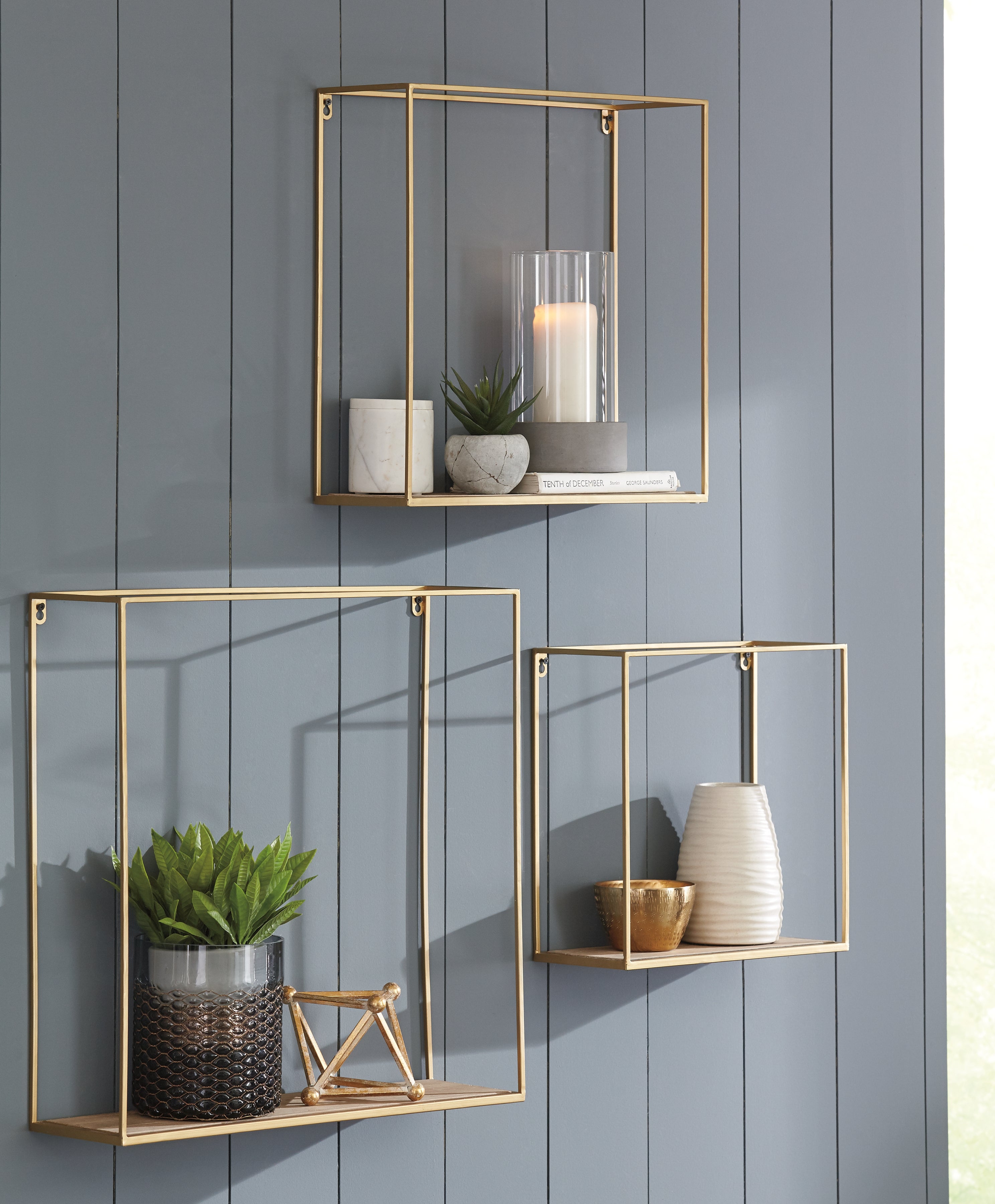 3 Brothers Decor - Ashley Furniture - Efharis Wall Decor - Wall Shelf Set (3/CN) / Natural/Gold Finish - A8010107