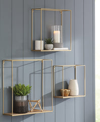 3 Brothers Decor - Ashley Furniture - Efharis Wall Decor - Wall Shelf Set (3/CN) / Natural/Gold Finish - A8010107