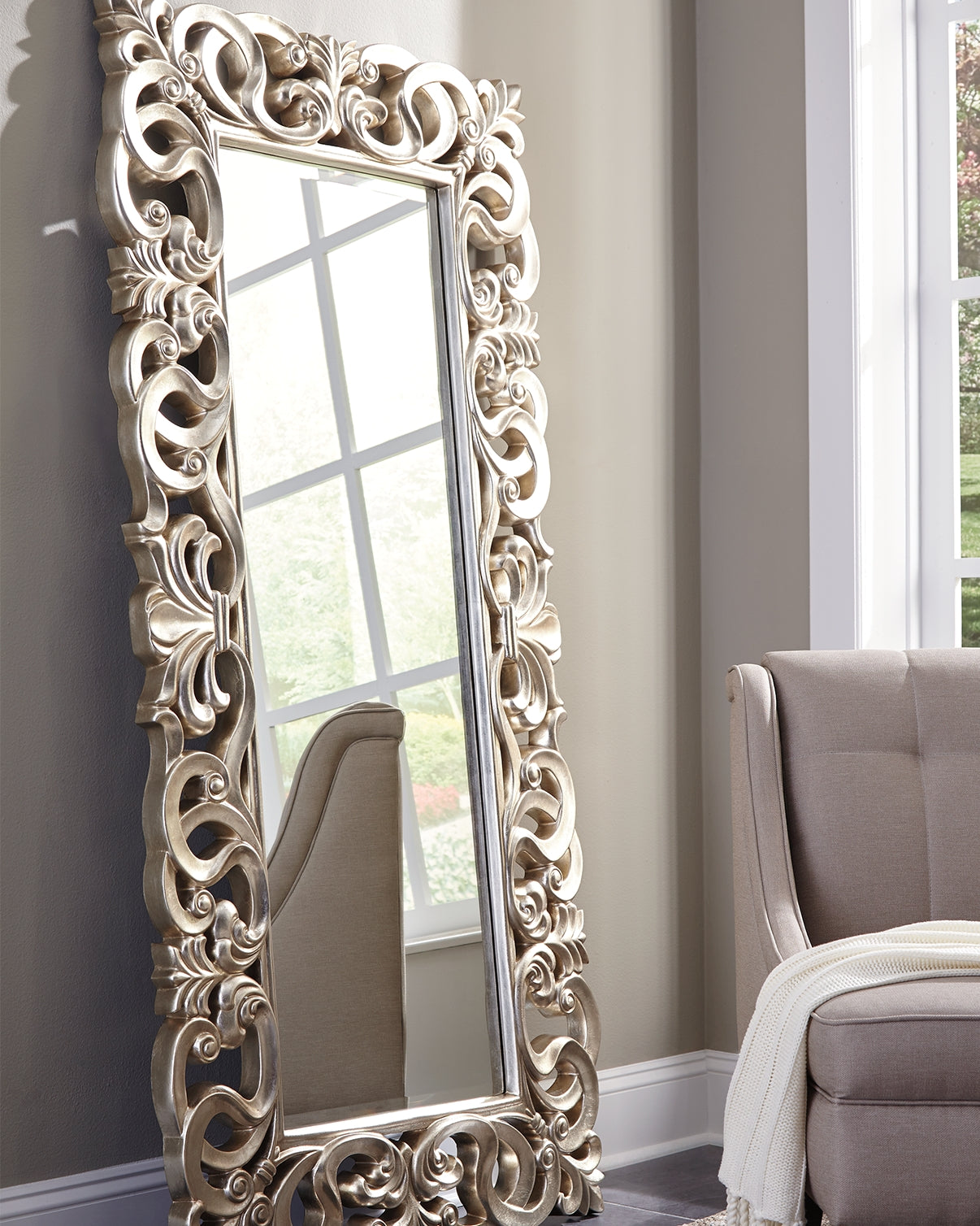 3 Brothers Decor - Ashley Furniture - Lucia Mirror - Floor Mirror / Antique Silver Finish - A8010123