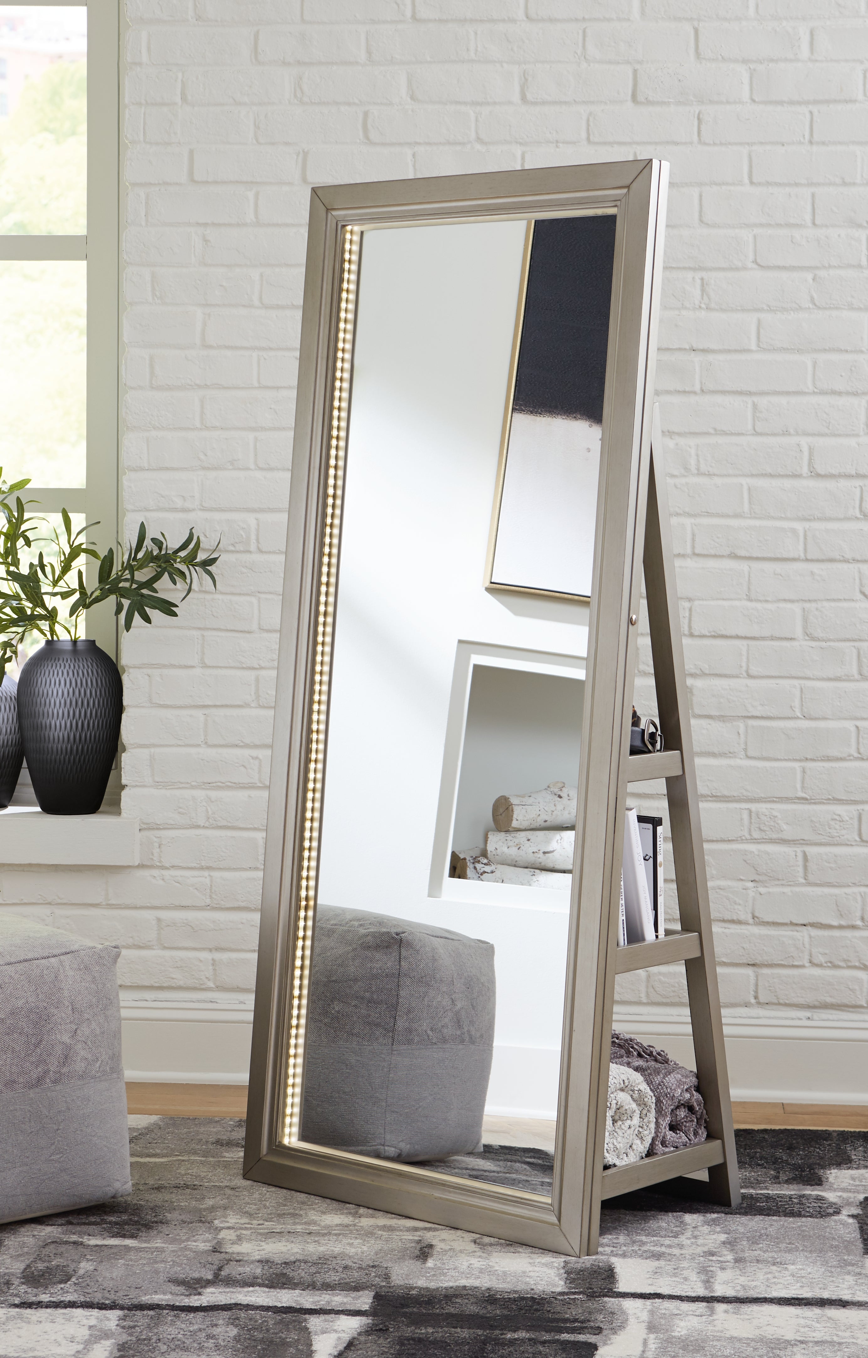 3 Brothers Decor - Ashley Furniture - Evesen Mirror - Floor Standing Mirror/Storage / Champagne - A8010379