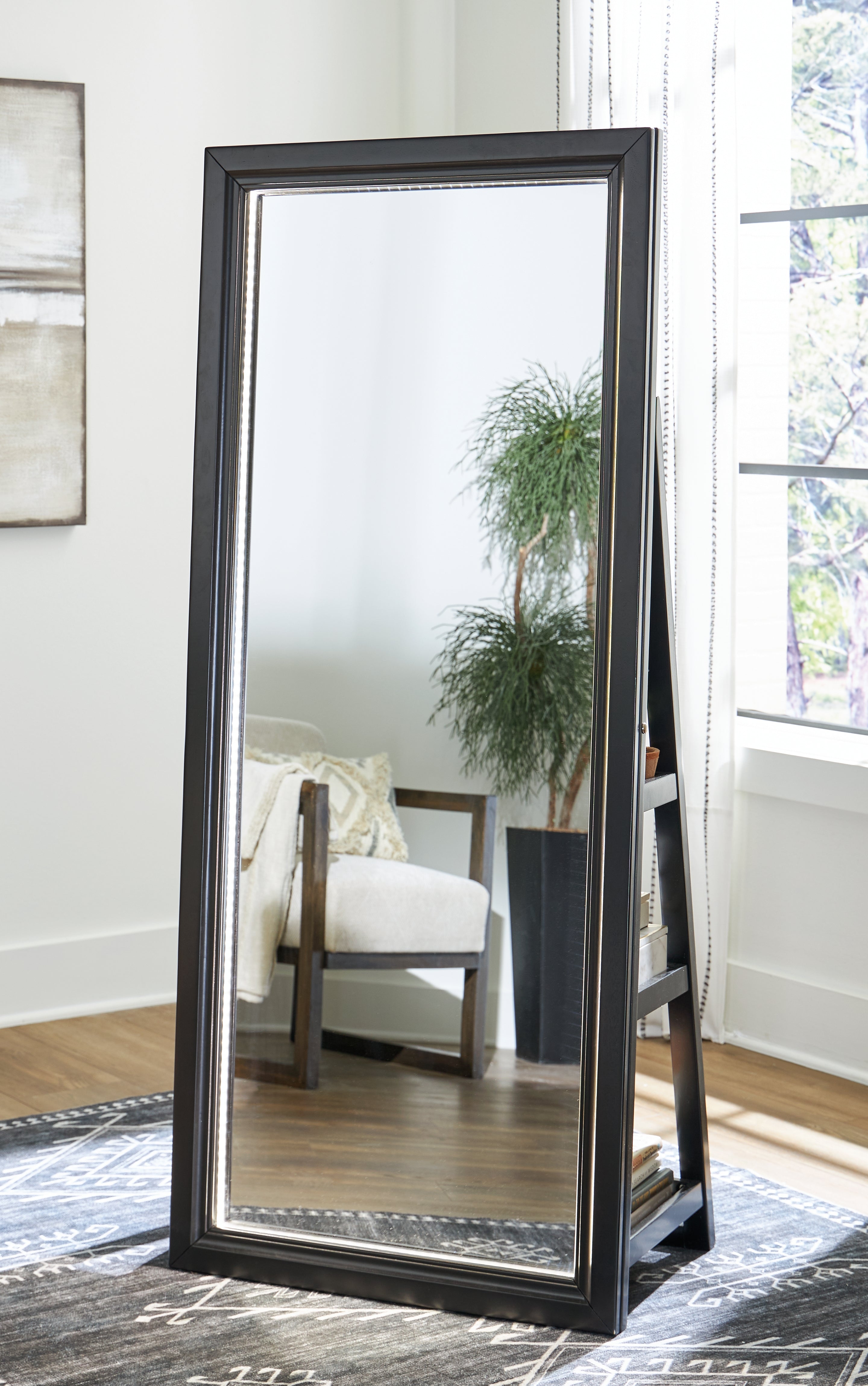 3 Brothers Decor - Ashley Furniture - Evesen Mirror - Floor Standing Mirror/Storage / Black - A8010384