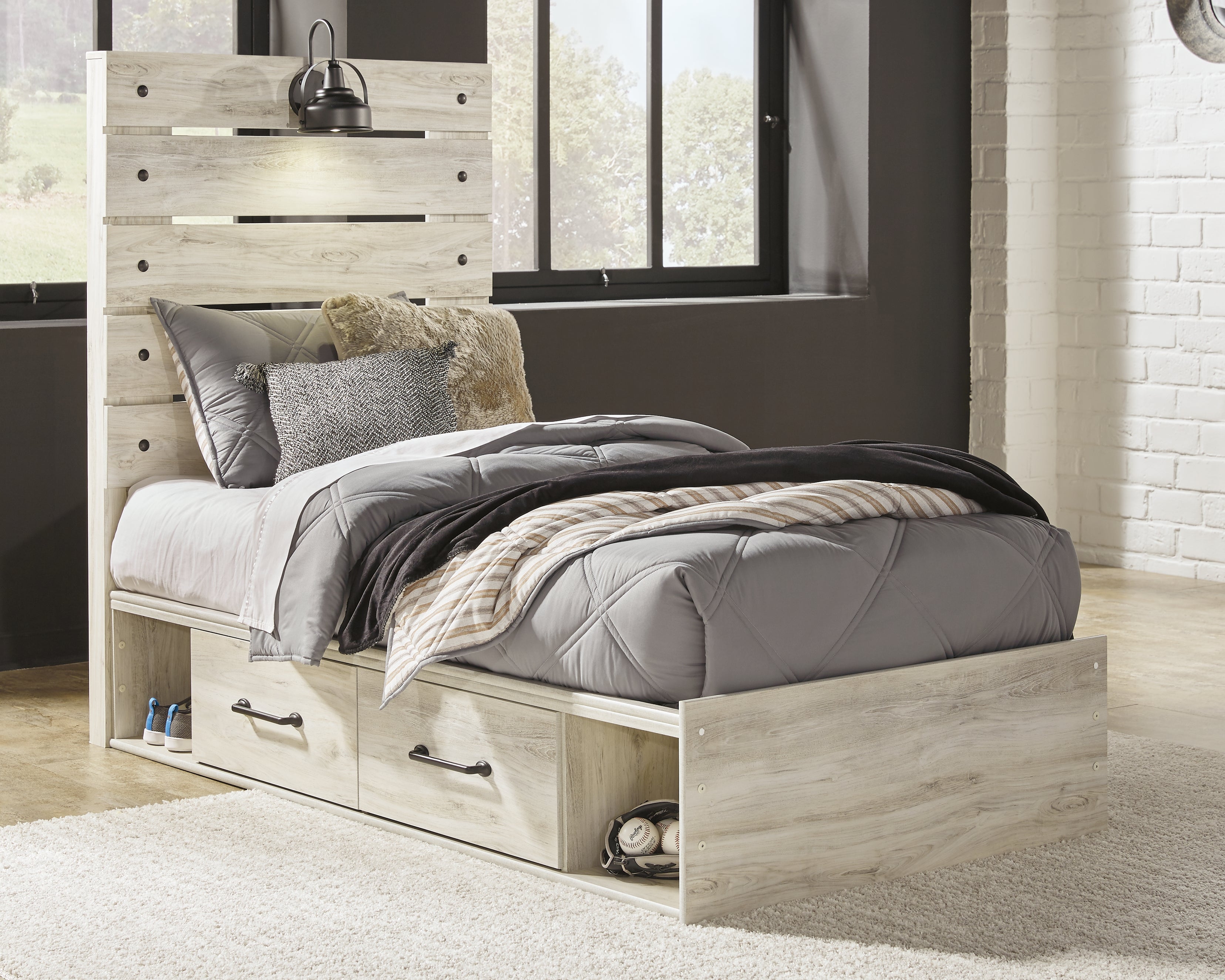 3 Brothers Decor - Ashley Furniture - Cambeck Bedroom - Twin Panel Bed with 2 Storage Drawers / Whitewash - B192B13