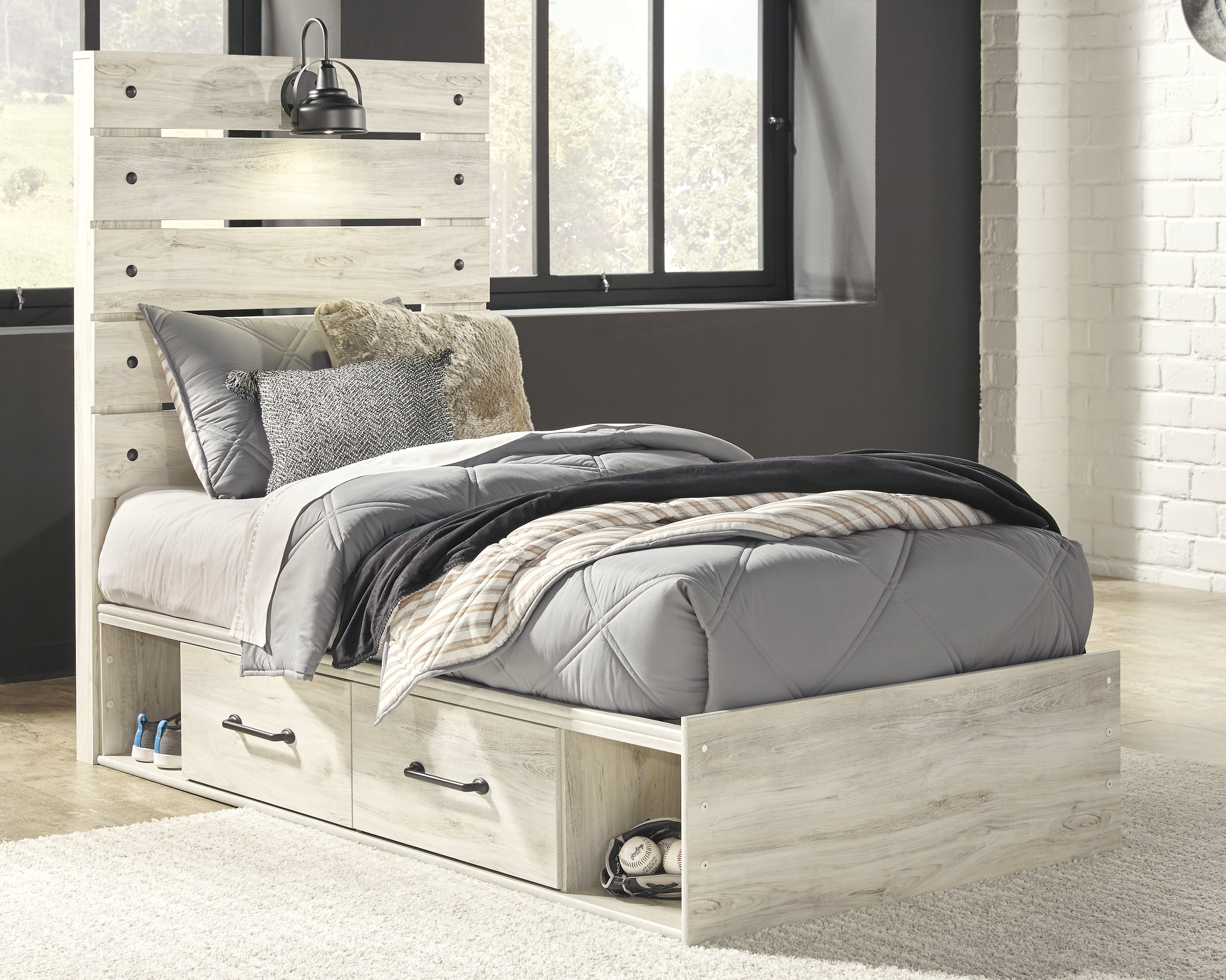 3 Brothers Decor - Ashley Furniture - Cambeck Bedroom - Twin Panel Bed with 4 Storage Drawers / Whitewash - B192B21