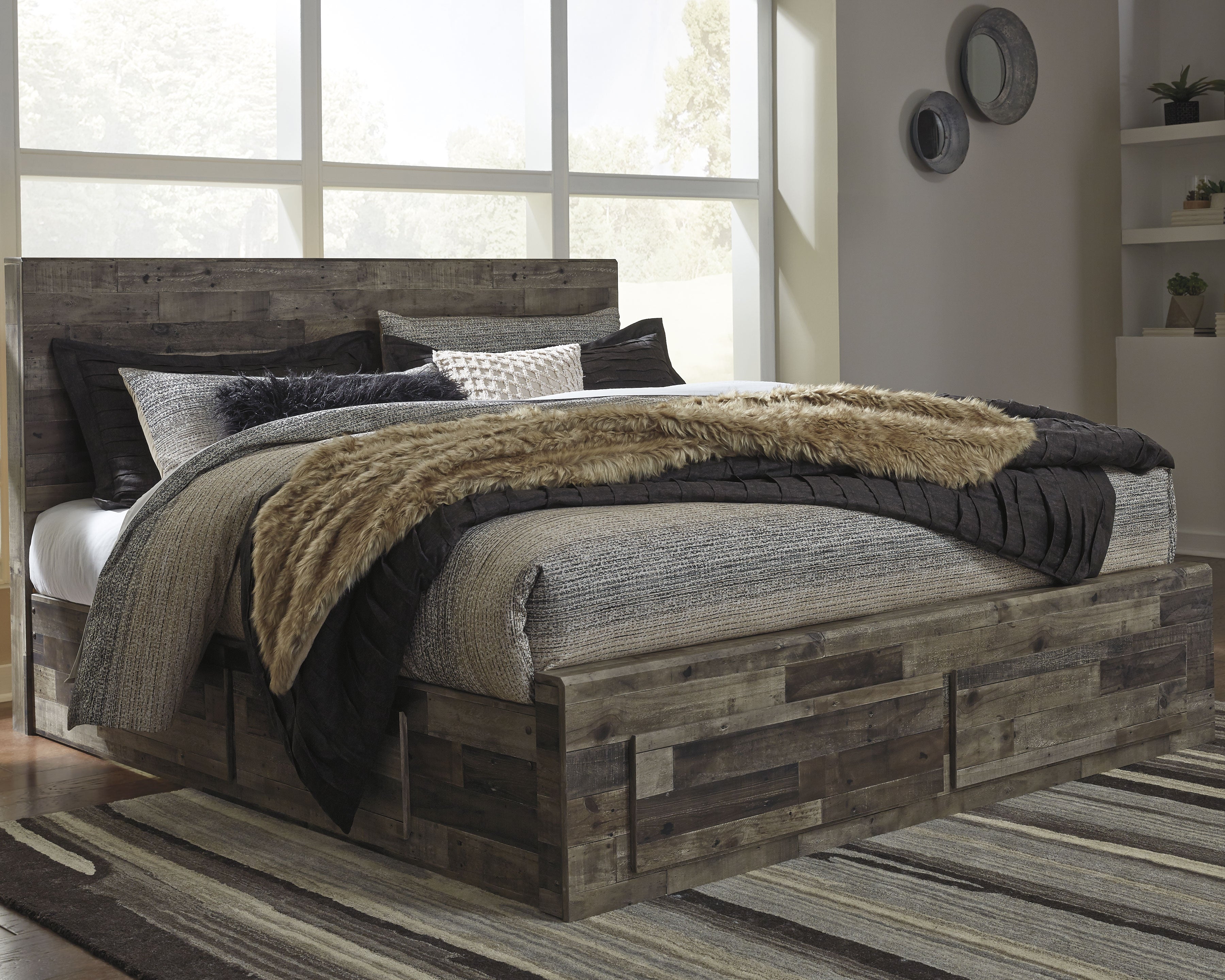 3 Brothers Decor - Ashley Furniture - Derekson Bedroom - King Panel Bed with 4 Storage Drawers / Multi Gray - B200B19