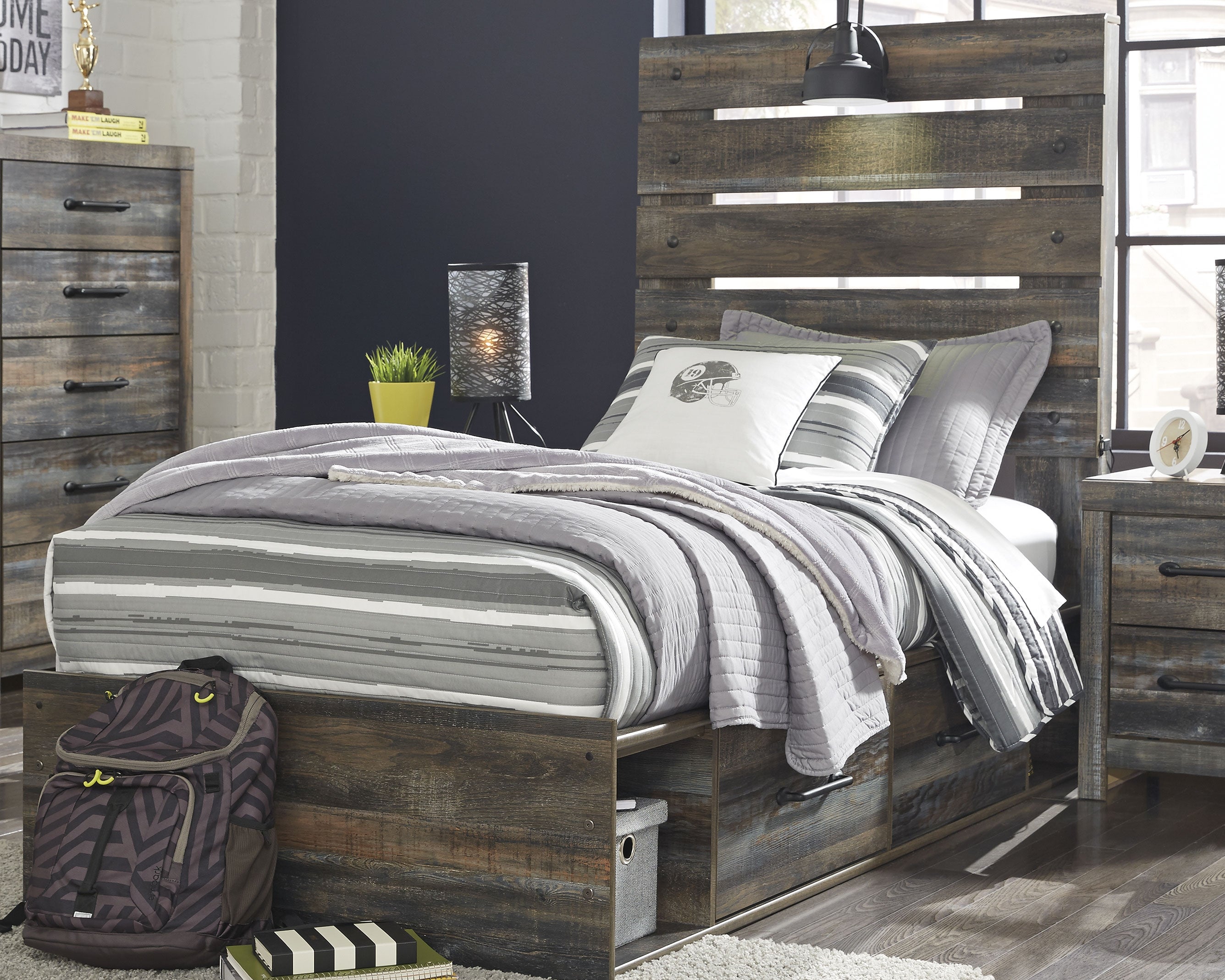 3 Brothers Decor - Ashley Furniture - Drystan Bedroom - Twin Panel Bed with 4 Storage Drawers / Multi - B211B11