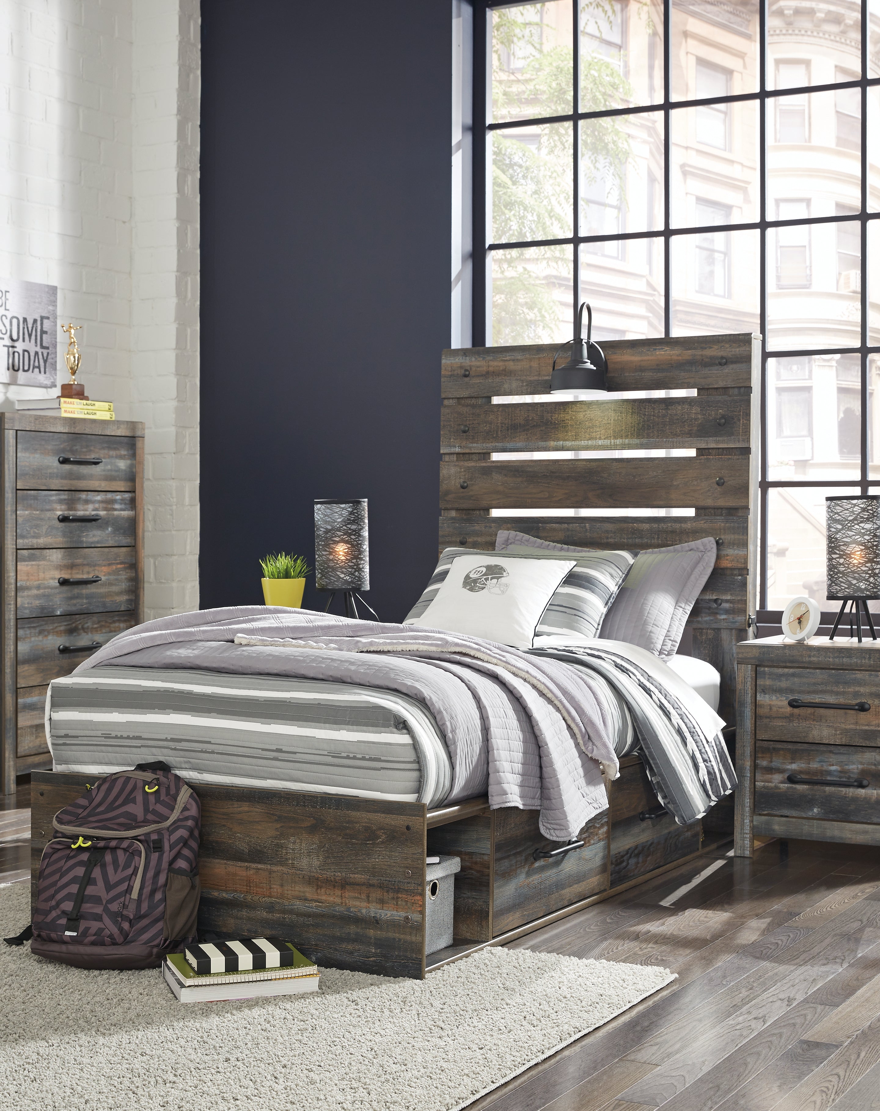 3 Brothers Decor - Ashley Furniture - Drystan Bedroom - Twin Panel Bed with 2 Storage Drawers / Multi - B211B8