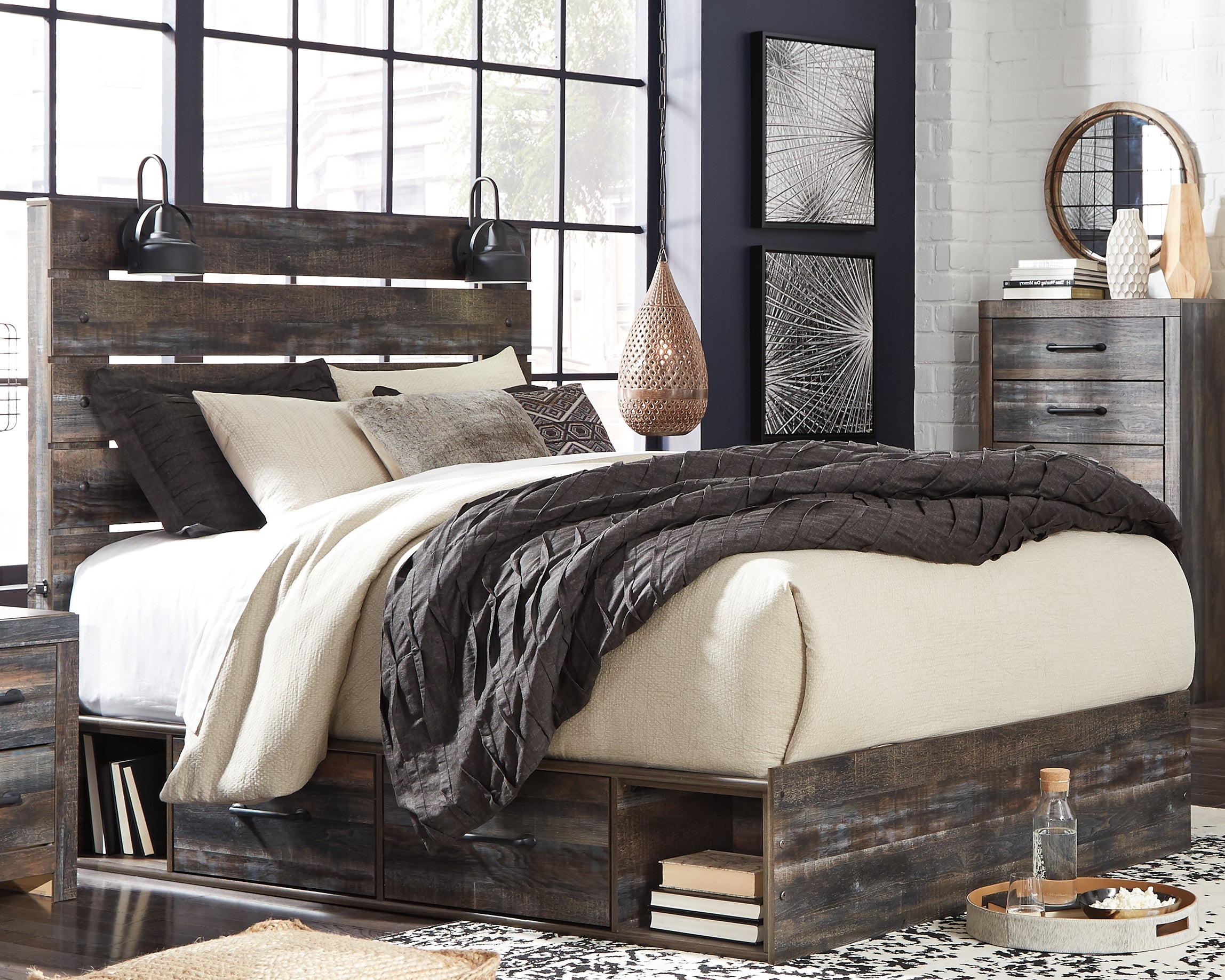 3 Brothers Decor - Ashley Furniture - Drystan Bedroom - Queen Panel Bed with 2 Storage Drawers / Multi - B211B10