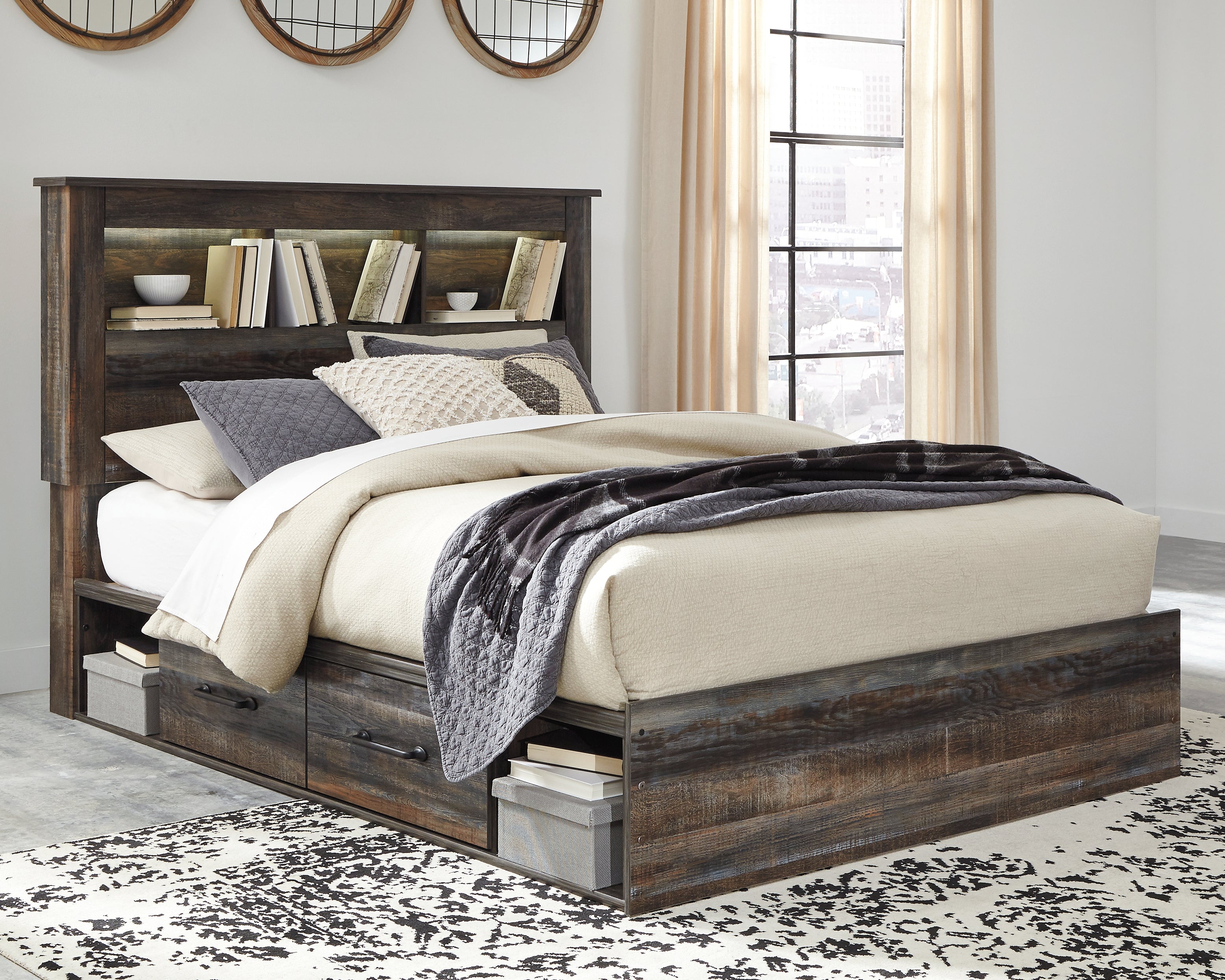 3 Brothers Decor - Ashley Furniture - Drystan Bedroom - Queen Bookcase Bed with 2 Storage Drawers / Multi - B211B17