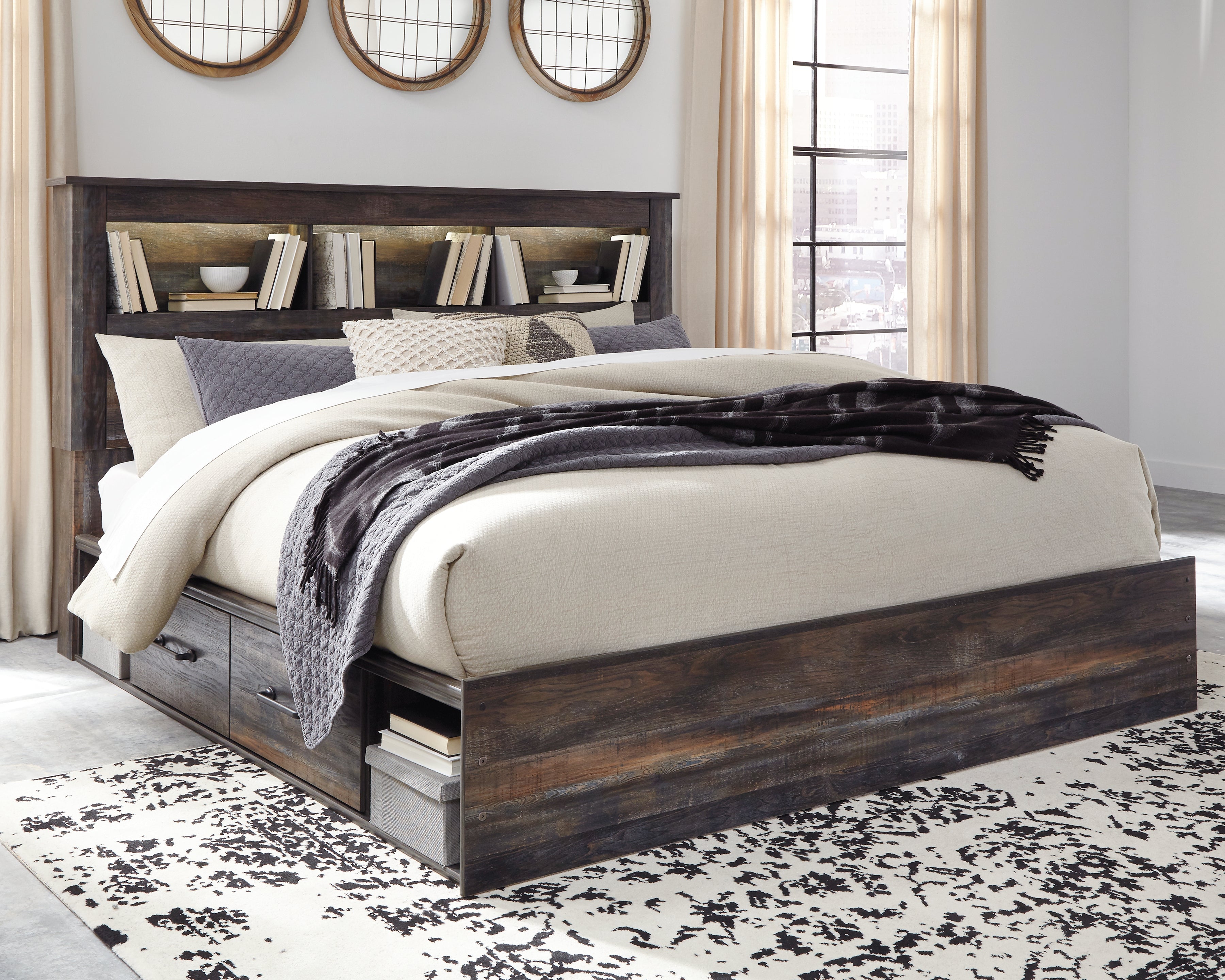 3 Brothers Decor - Ashley Furniture - Drystan Bedroom - King Bookcase Bed with 4 Storage Drawers / Multi - B211B52