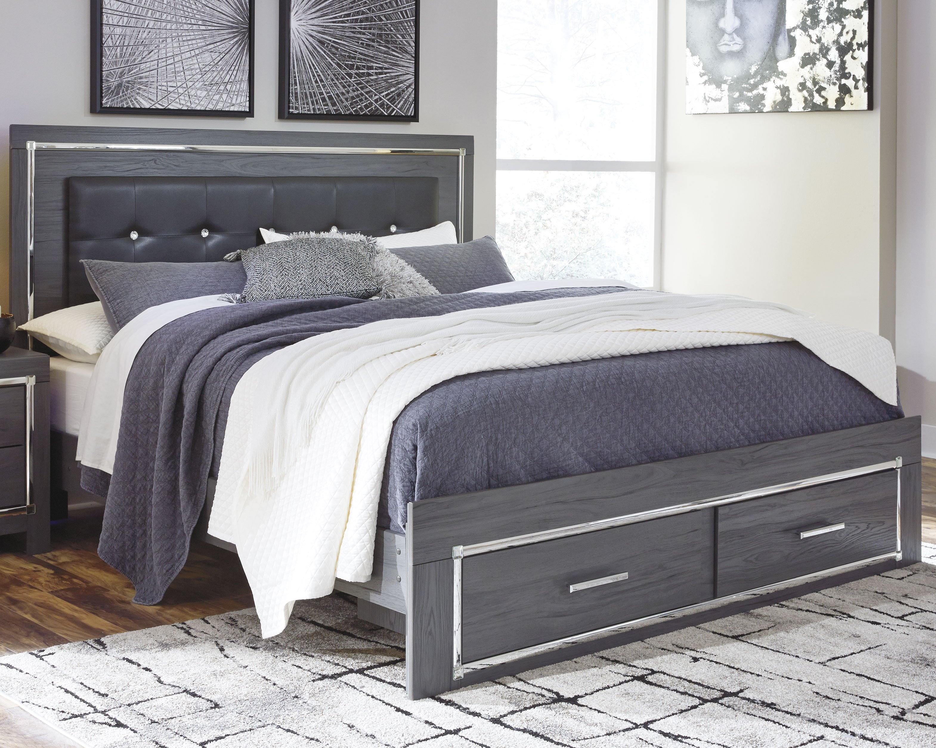 3 Brothers Decor - Ashley Furniture - Lodanna Bedroom - King Panel Bed with 2 Storage Drawers / Gray - B214B11