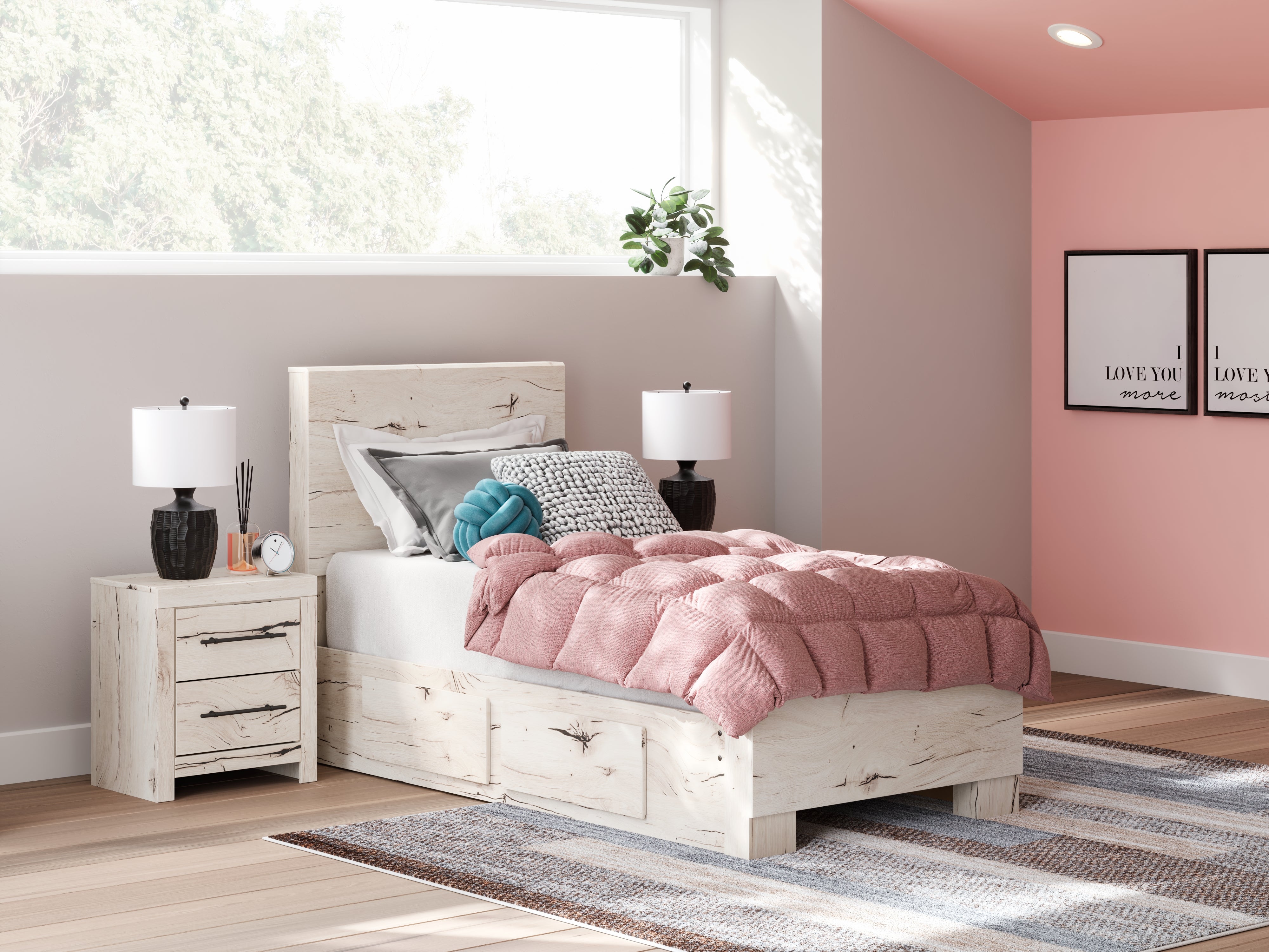 3 Brothers Decor - Ashley Furniture - Lawroy Bedroom - Twin Panel Bed with Storage / Light Natural - B2310B23