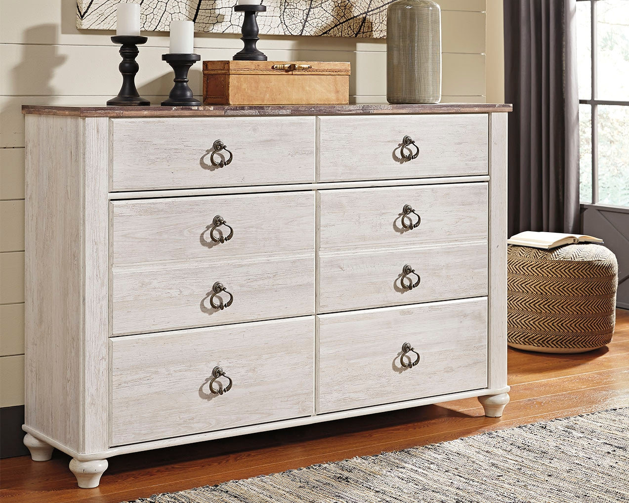 3 Brothers Decor - Ashley Furniture - Willowton Bedroom - Six Drawer Dresser / Whitewash - B267-31