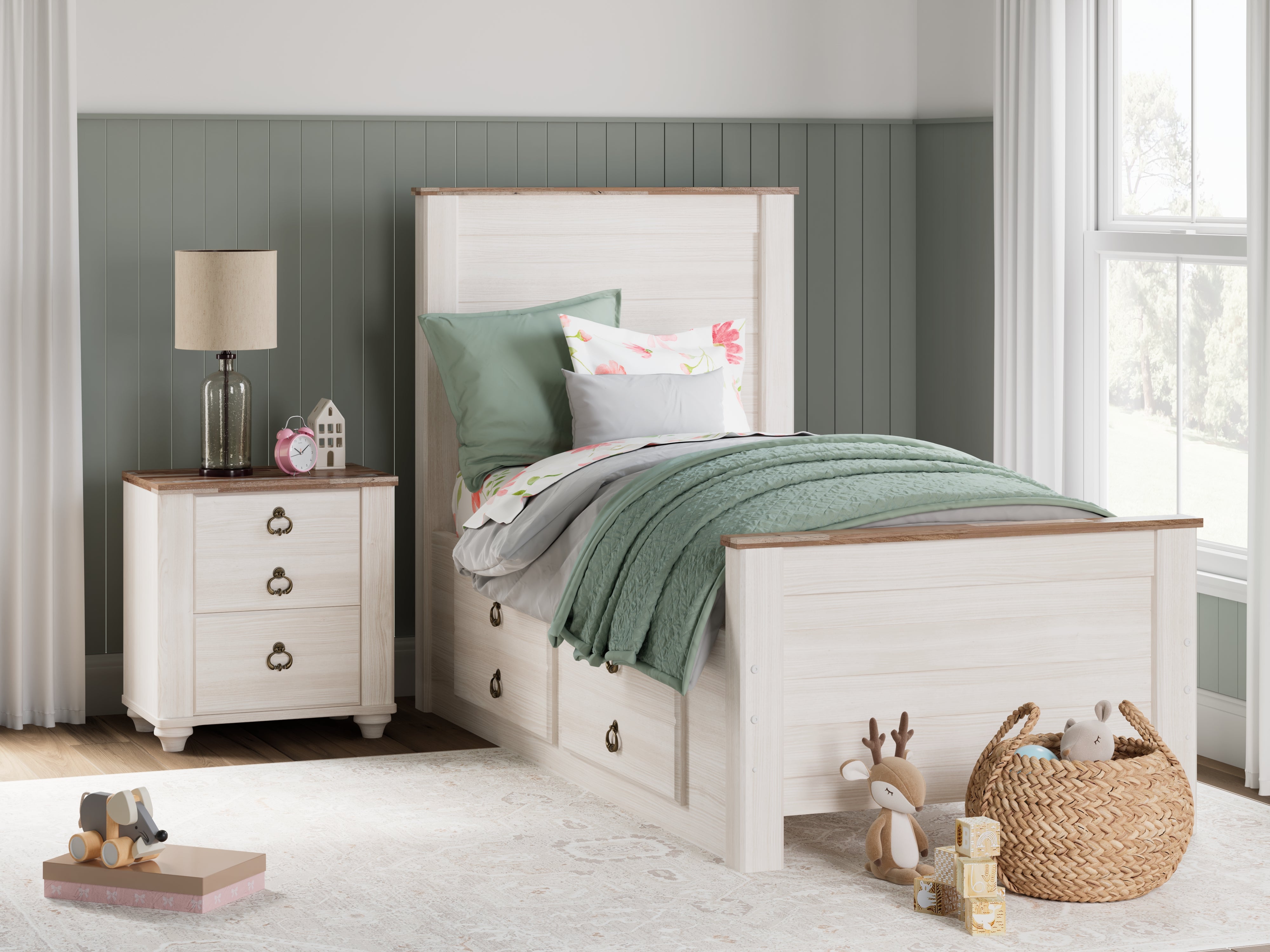 3 Brothers Decor - Ashley Furniture - Willowton Bedroom - Twin Panel Bed with 2 Storage Drawers / Whitewash - B267B21