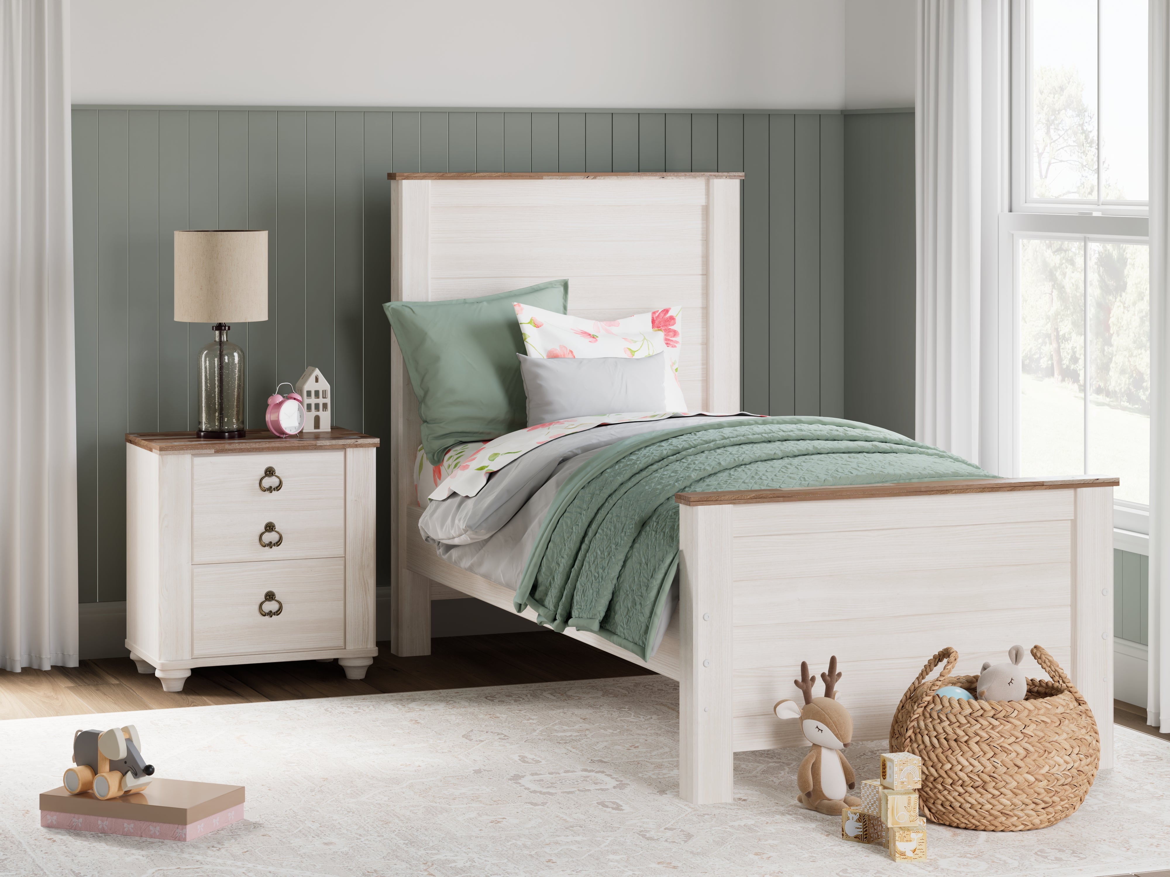 3 Brothers Decor - Ashley Furniture - Willowton Bedroom - Twin Panel Bed / Whitewash - B267B15