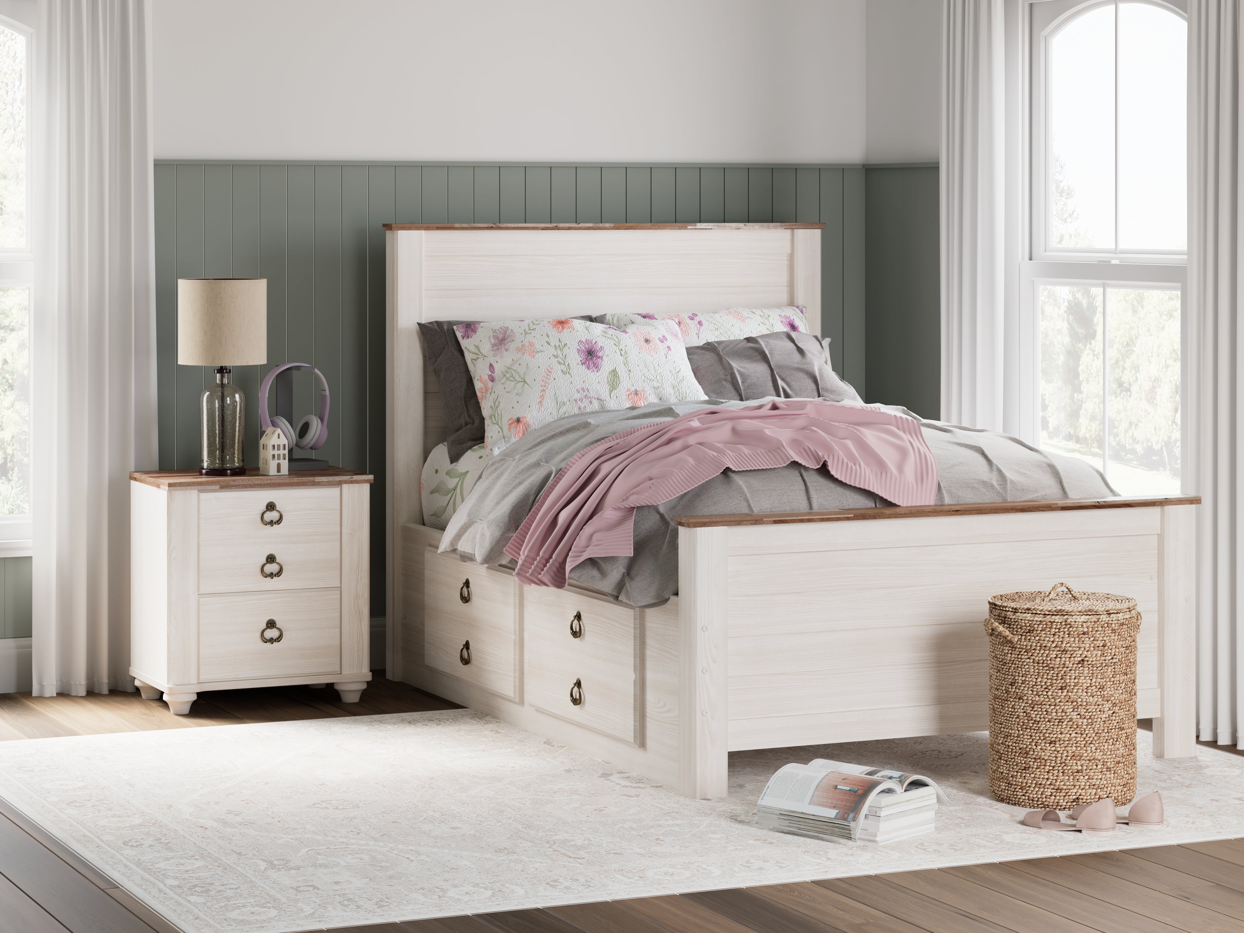 3 Brothers Decor - Ashley Furniture - Willowton Bedroom - Full Panel Bed with 2 Storage Drawers / Whitewash - B267B22
