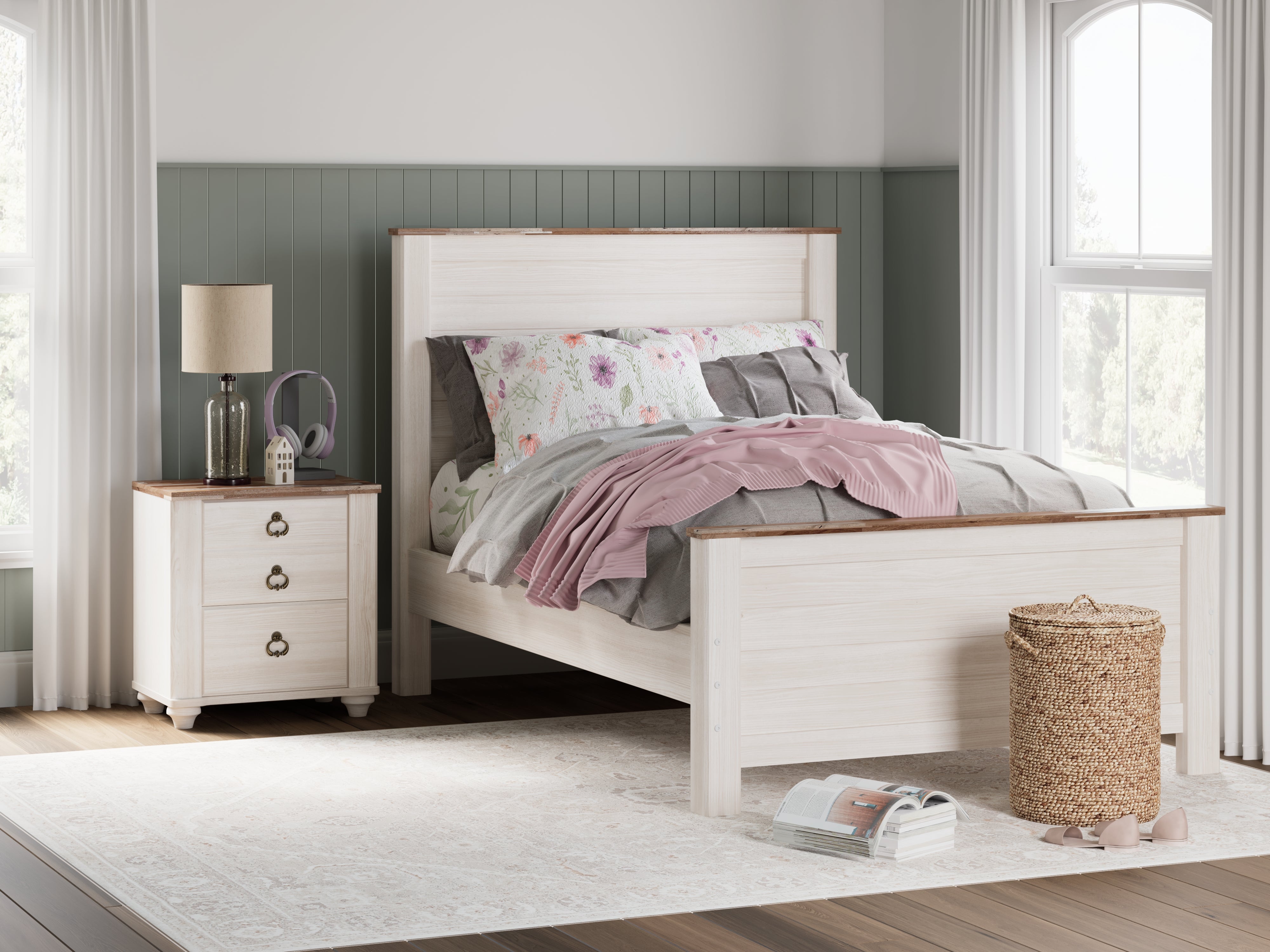 3 Brothers Decor - Ashley Furniture - Willowton Bedroom - Full Panel Bed / Whitewash - B267B17