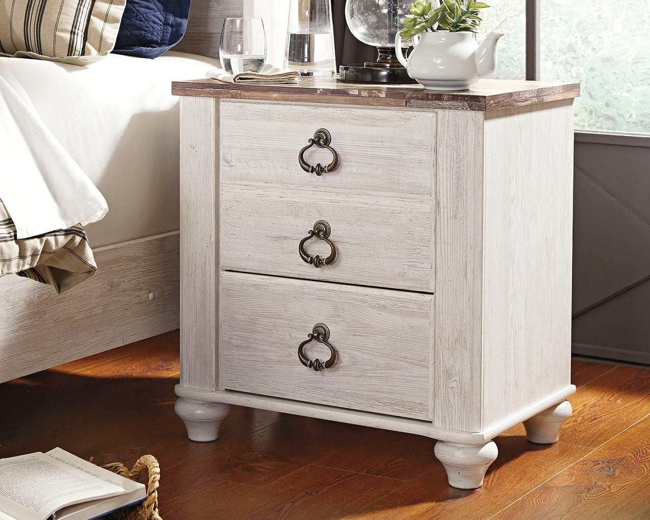 3 Brothers Decor - Ashley Furniture - Willowton Bedroom - Two Drawer Night Stand / Whitewash - B267-92