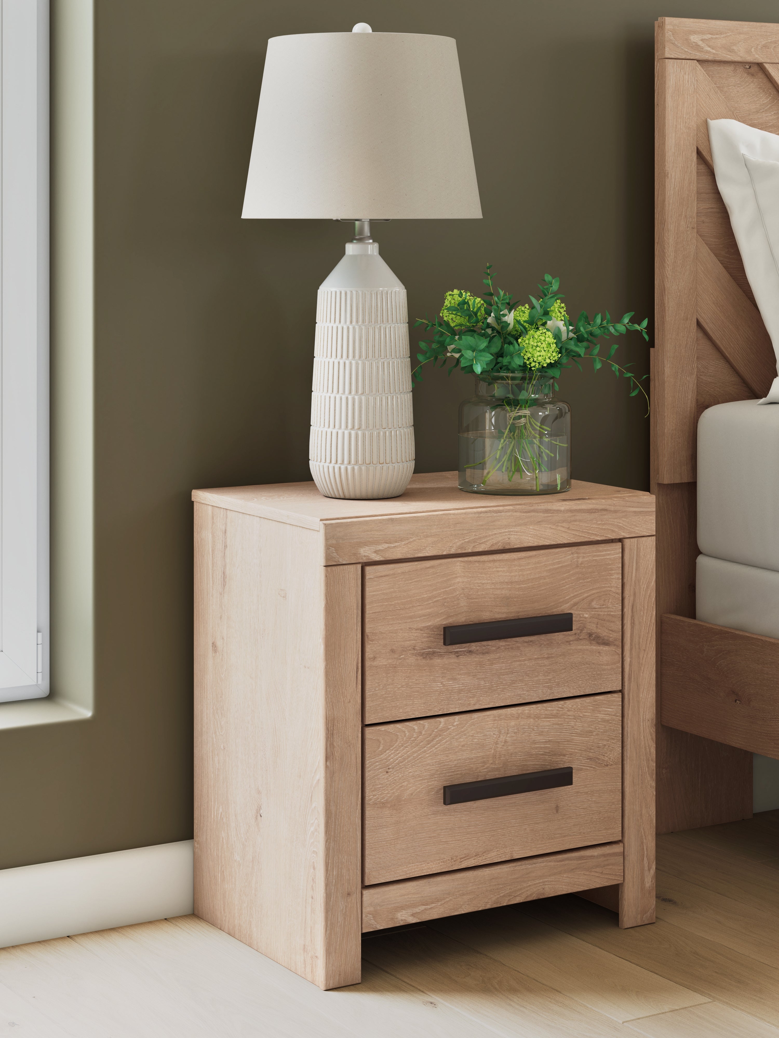 3 Brothers Decor - Ashley Furniture - Sanginlane Bedroom - Two Drawer Night Stand / Tan - B3787-92