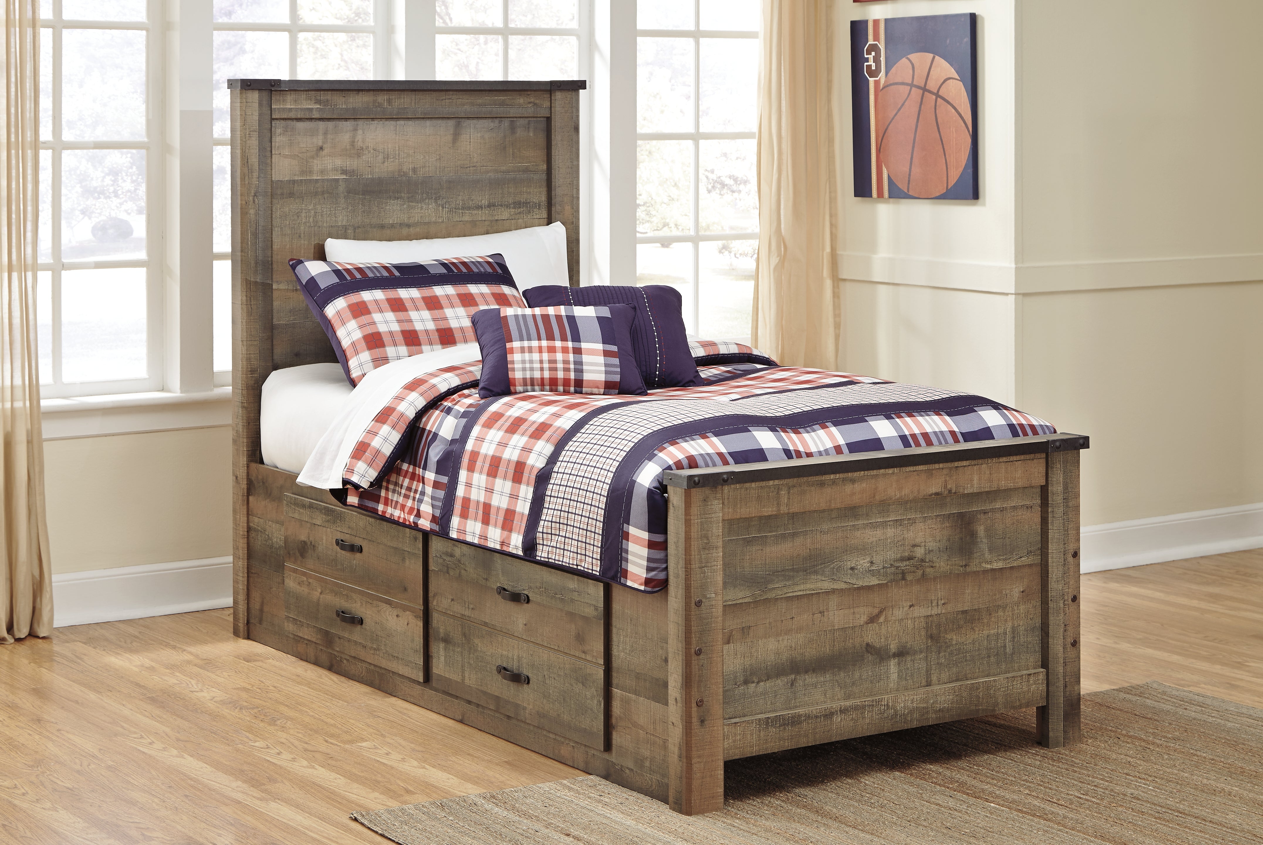 3 Brothers Decor - Ashley Furniture - Trinell Bedroom - Twin Panel Bed with 2 Storage Drawers / Brown - B446B15