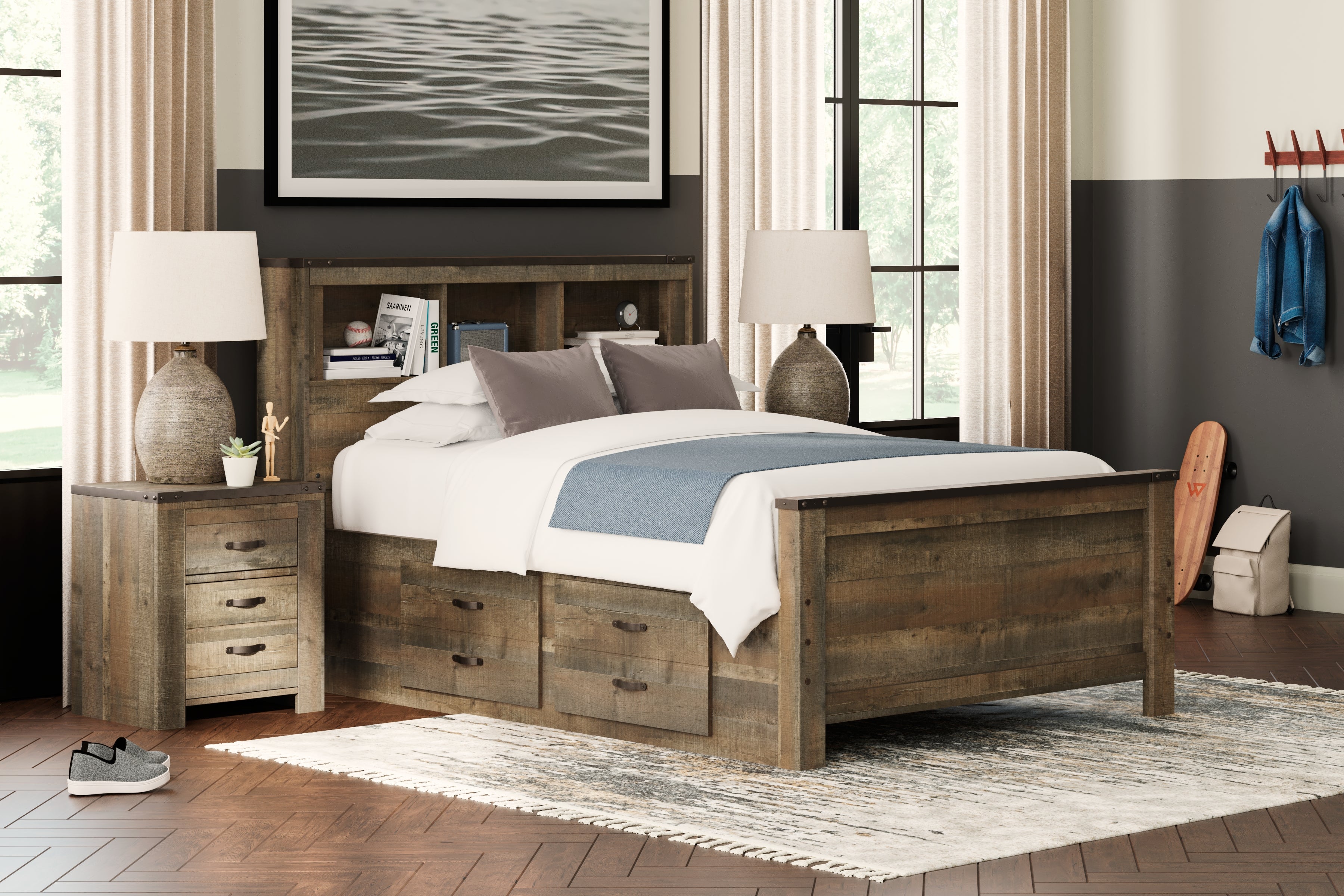 3 Brothers Decor - Ashley Furniture - Trinell Bedroom - Full Bookcase Bed with 2 Storage Drawers / Brown - B446B16