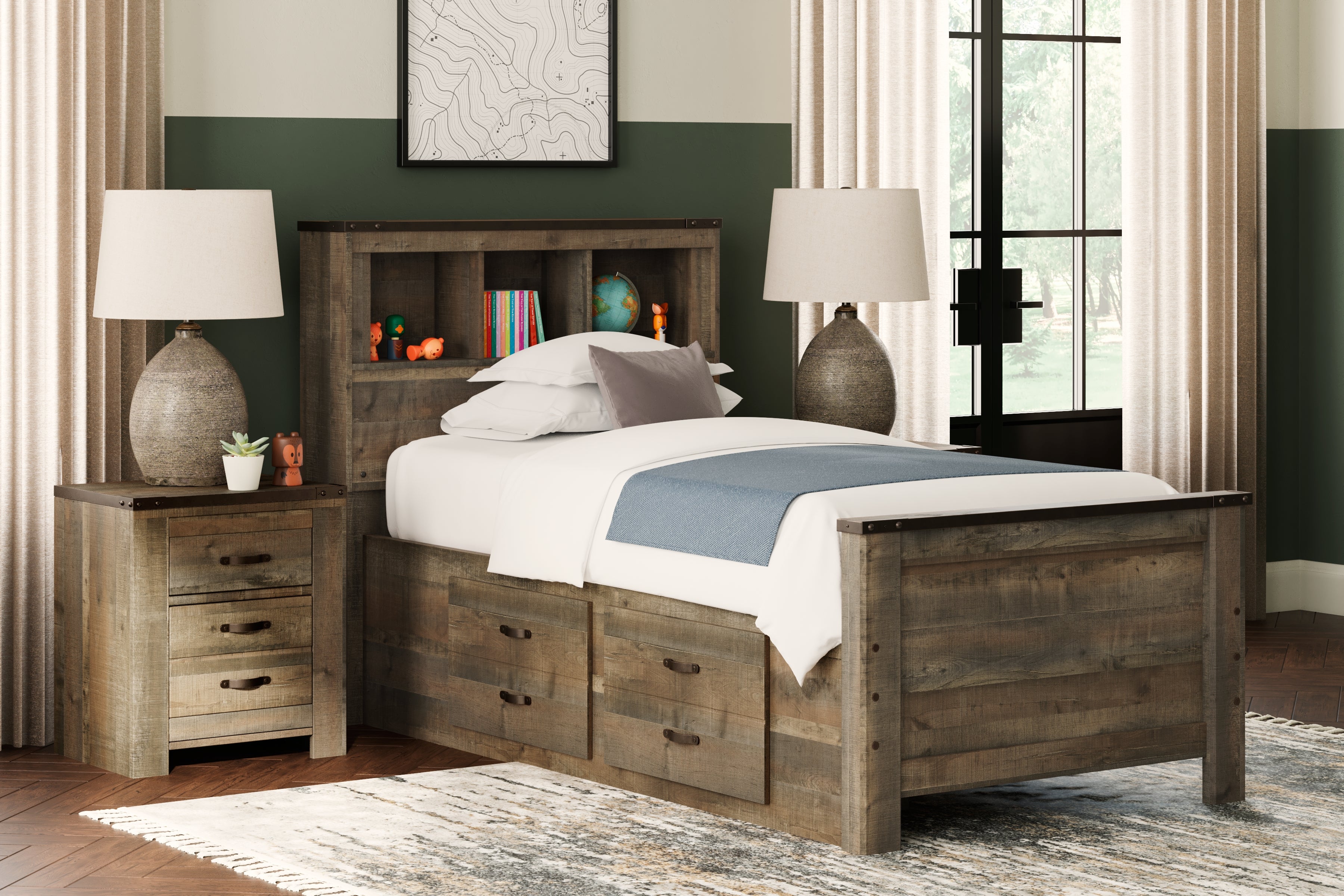 3 Brothers Decor - Ashley Furniture - Trinell Bedroom - Twin Bookcase Bed with 2 Storage Drawers / Brown - B446B17