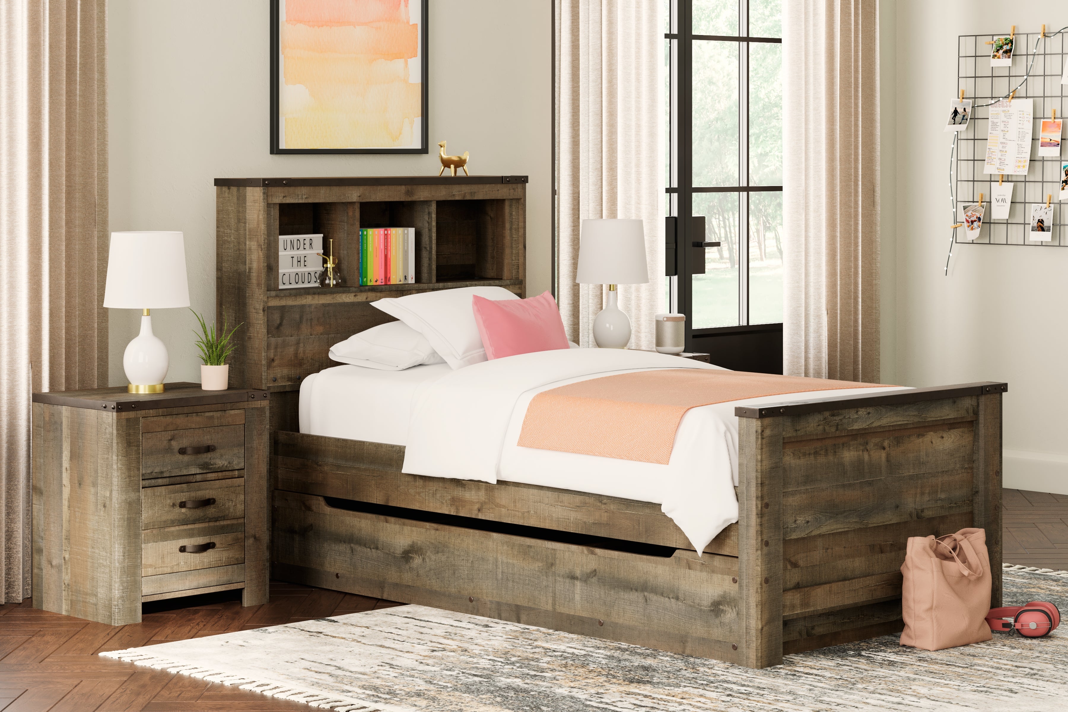 3 Brothers Decor - Ashley Furniture - Trinell Bedroom - Twin Bookcase Bed with 1 Large Storage Drawer / Brown - B446B22