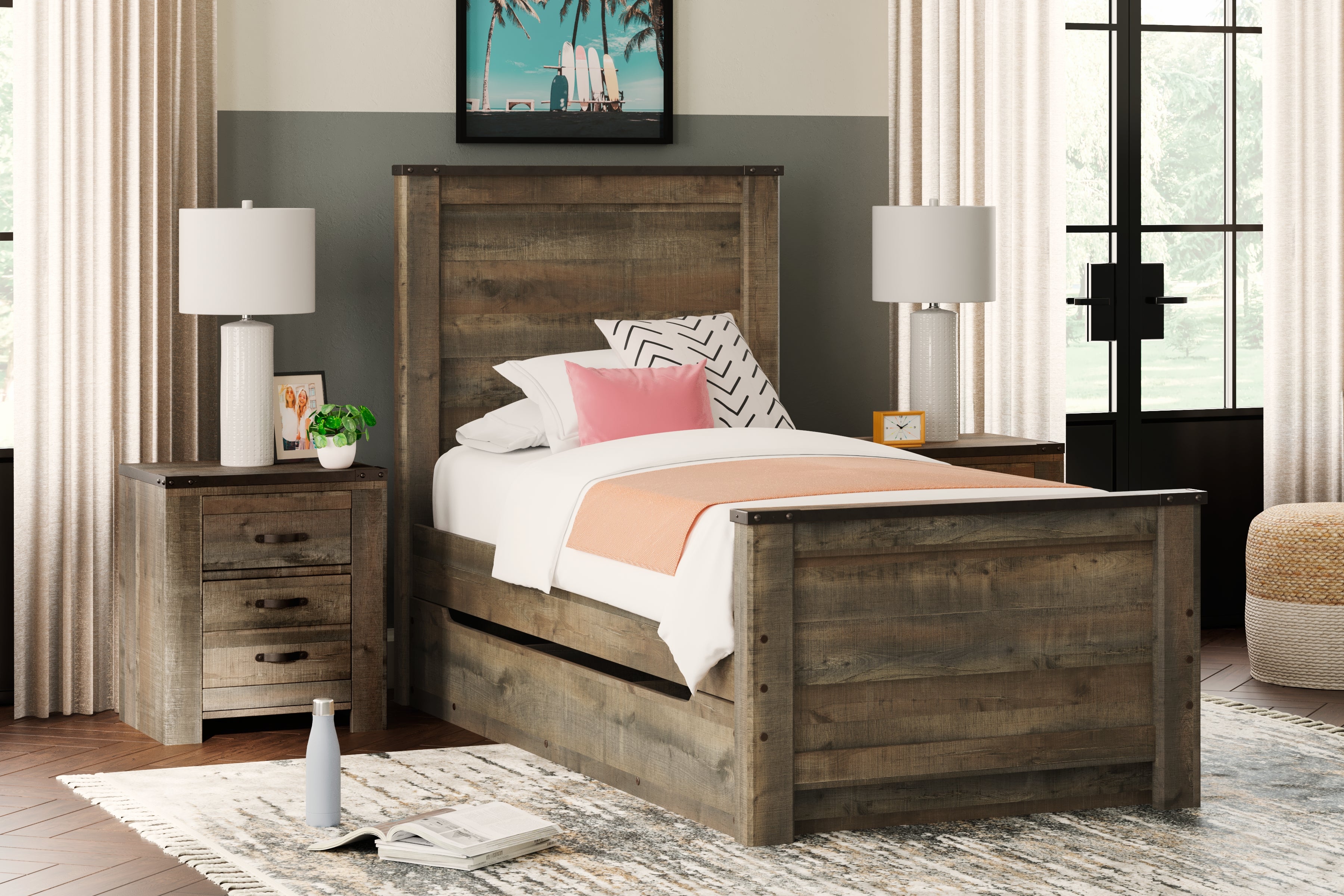 3 Brothers Decor - Ashley Furniture - Trinell Bedroom - Twin Panel Bed with 1 Large Storage Drawer / Brown - B446B8