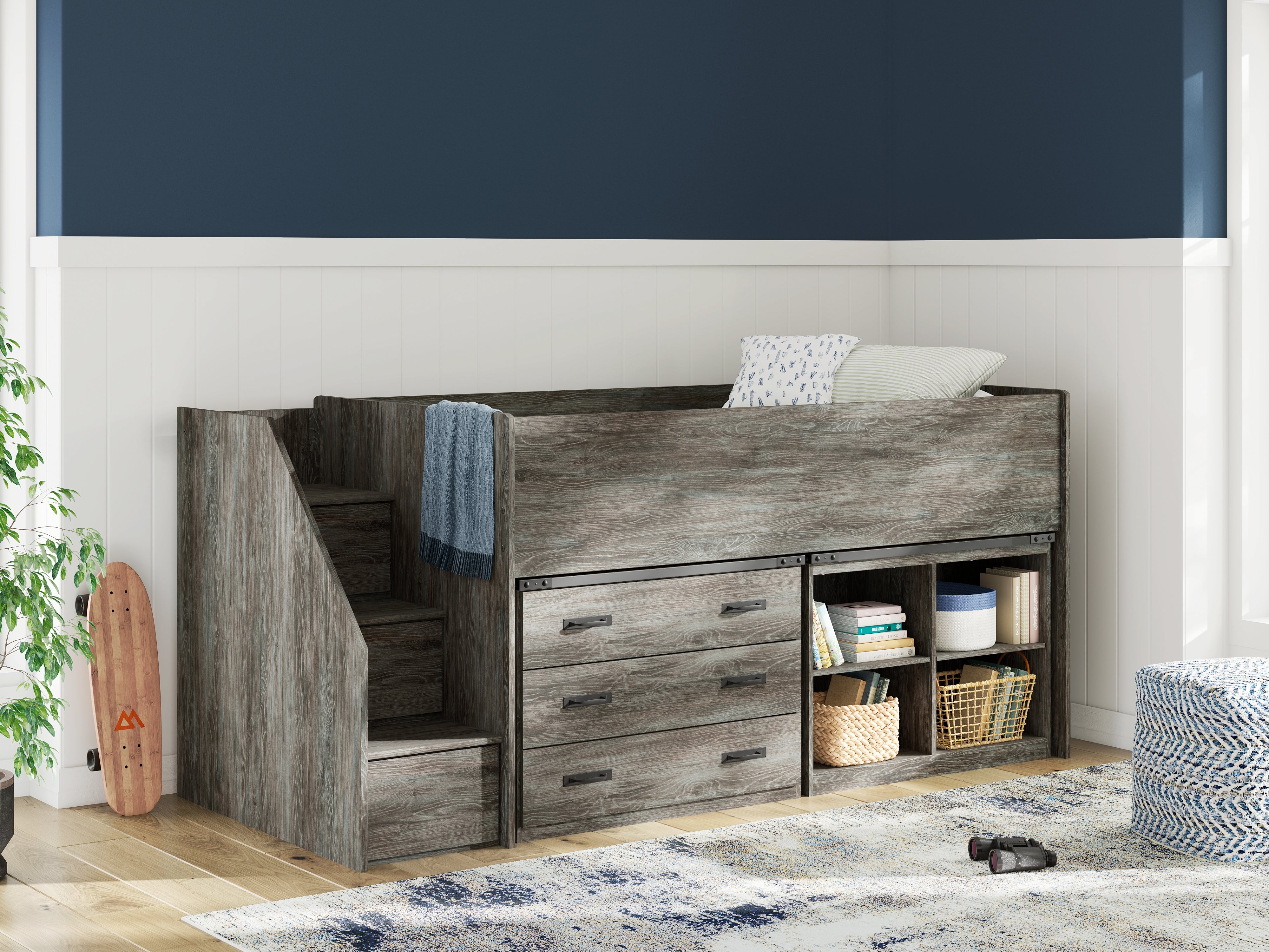 3 Brothers Decor - Ashley Furniture - Frandern Bedroom - Twin Loft  Bed with Bookcase and Drawer Storage / Gray - B4480B16