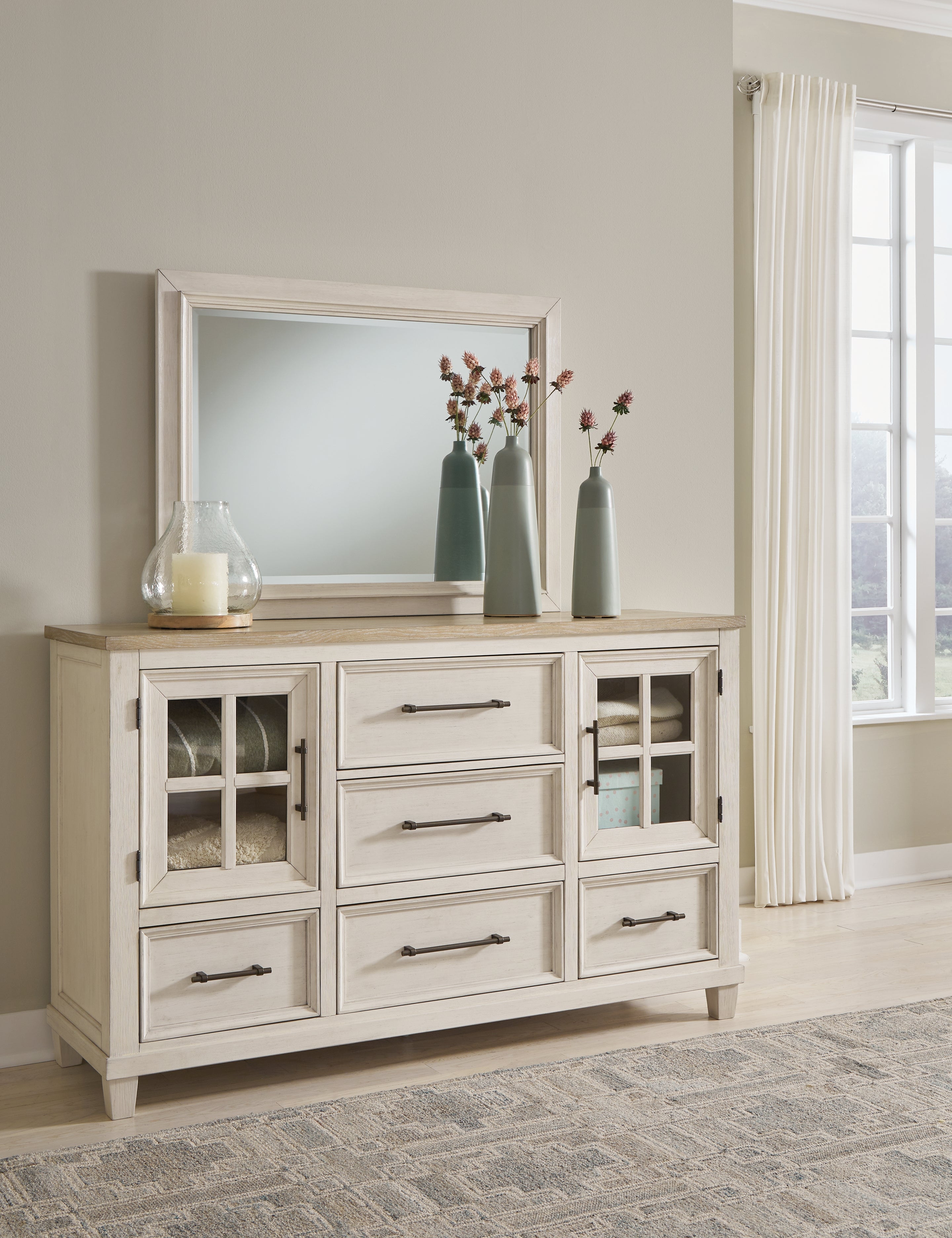 3 Brothers Decor - Ashley Furniture - Shaybrock Bedroom - Dresser and Mirror / Antique White/Brown - B683B1