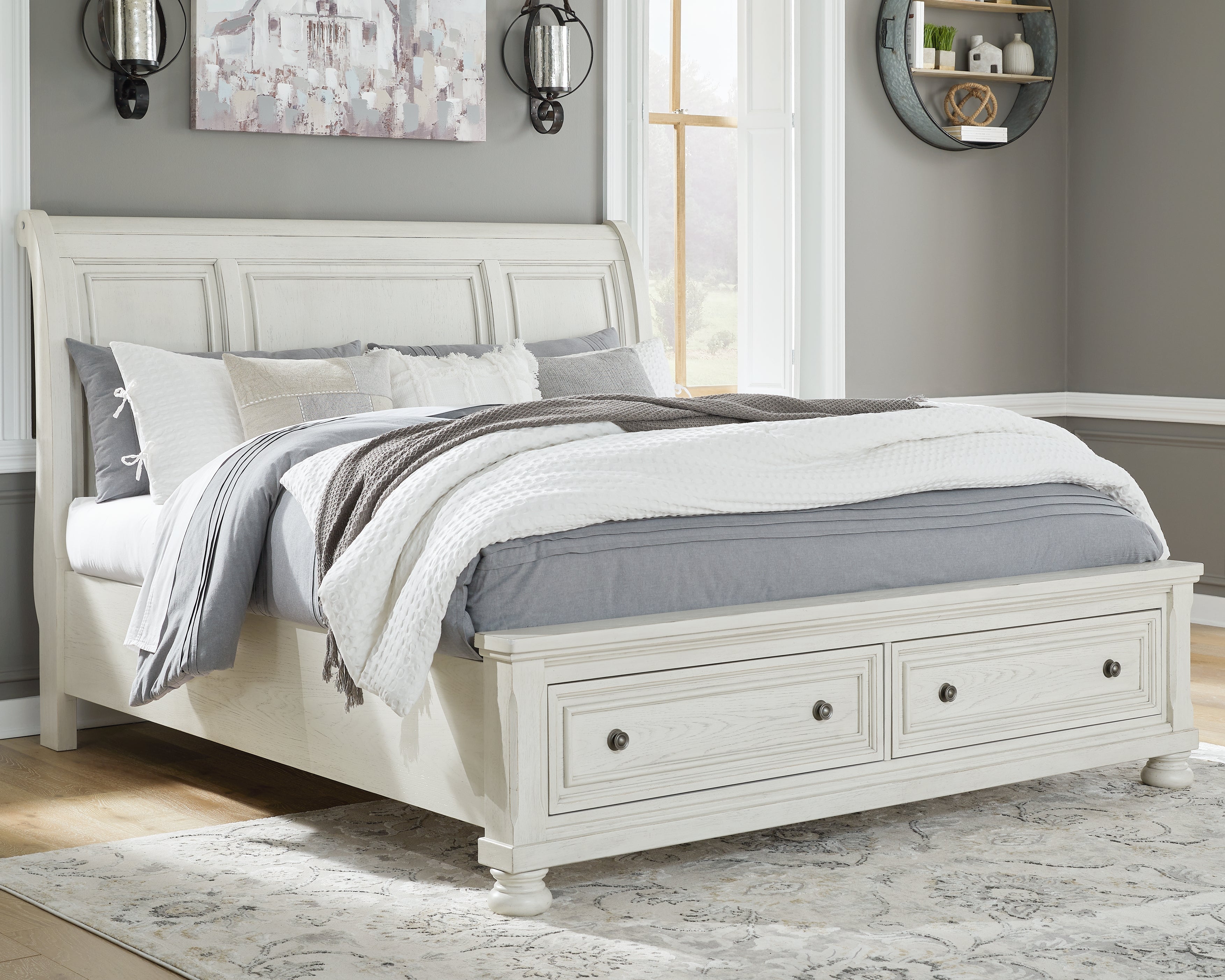 3 Brothers Decor - Ashley Furniture - Robbinsdale Bedroom - Queen Sleigh Bed with Storage / Antique White - B742B3